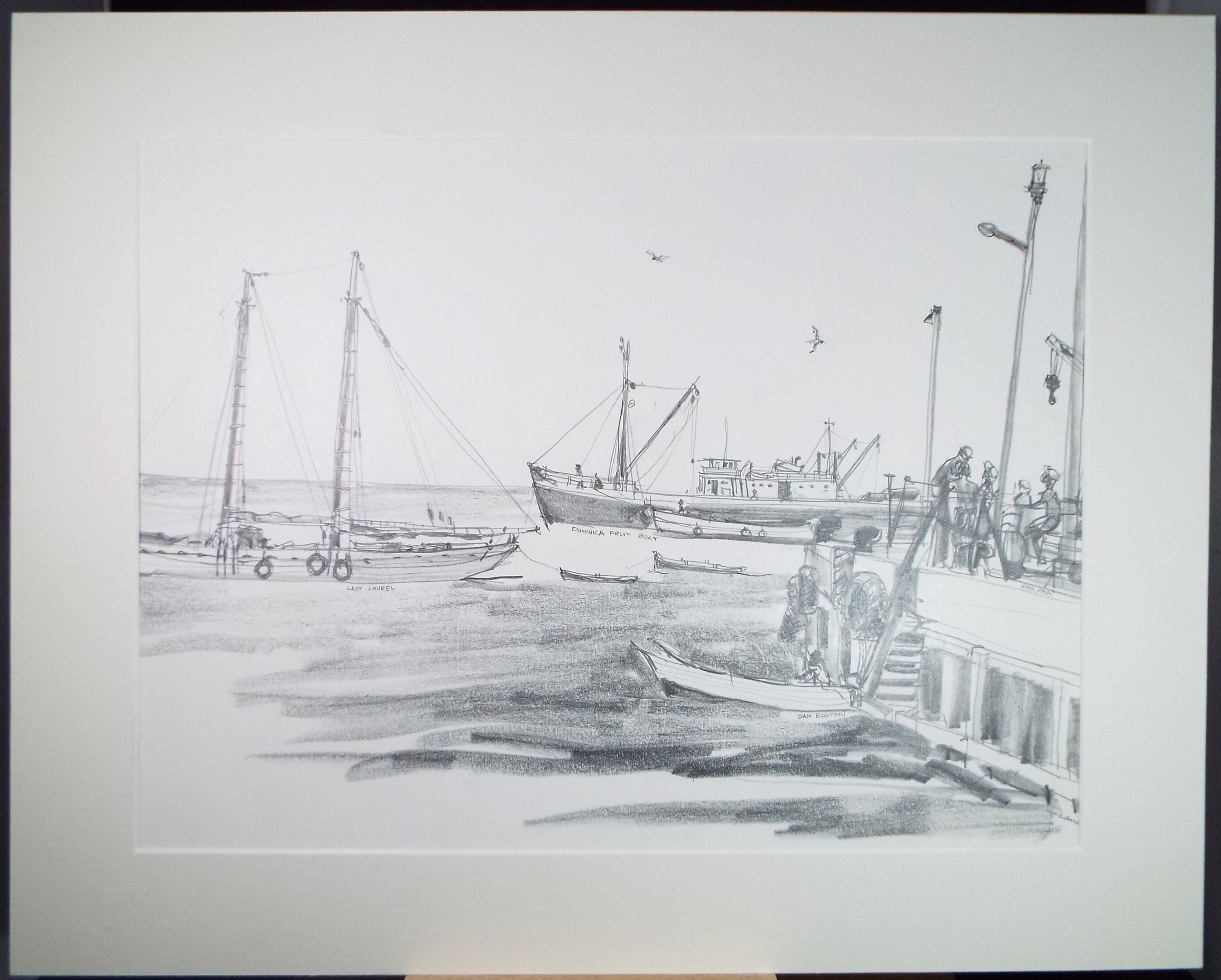 Original Pencil Drawing, Circa 1972, 'Quayside, Montserrat', Pamela Lander