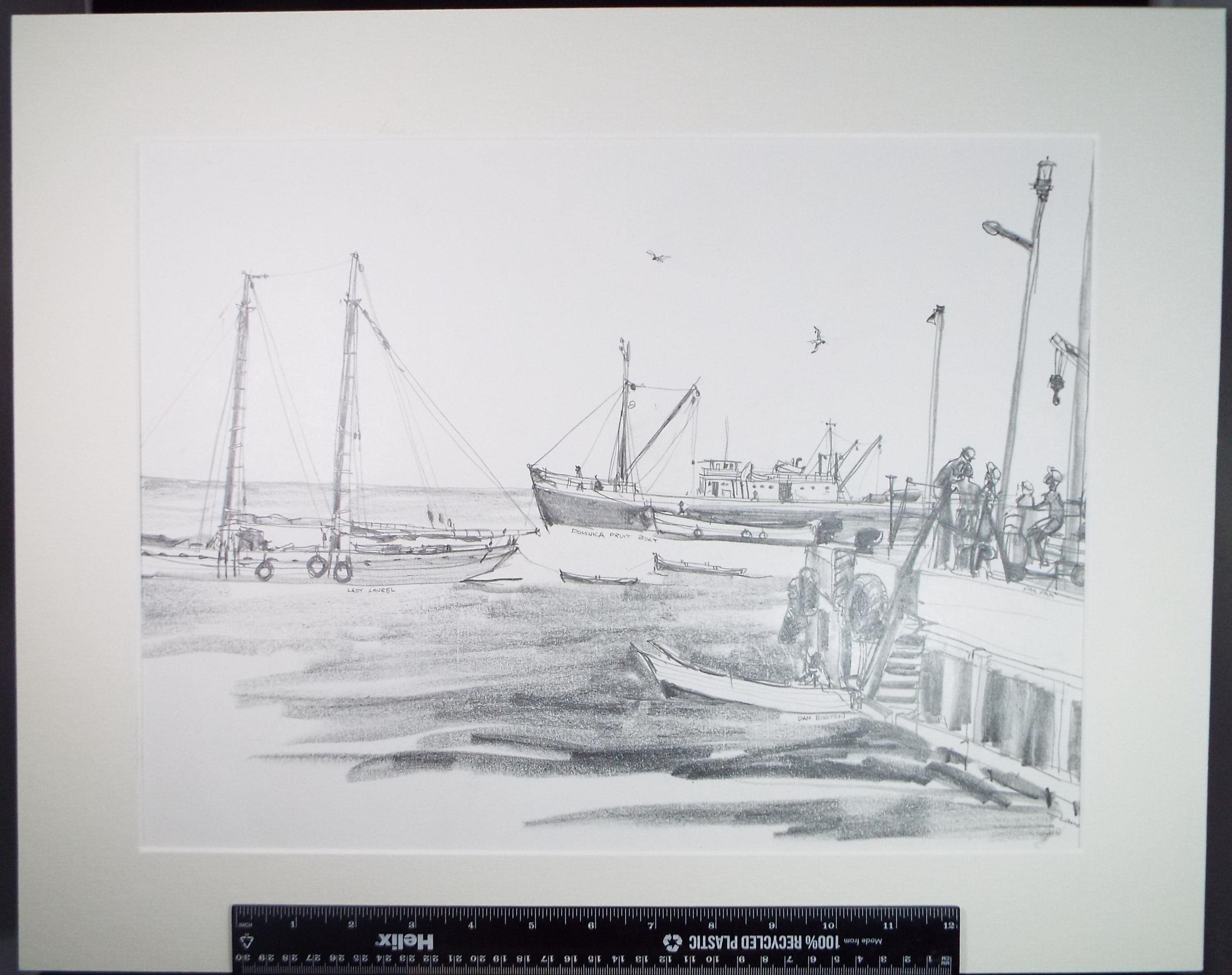 Original Pencil Drawing, Circa 1972, 'Quayside, Montserrat', Pamela Lander