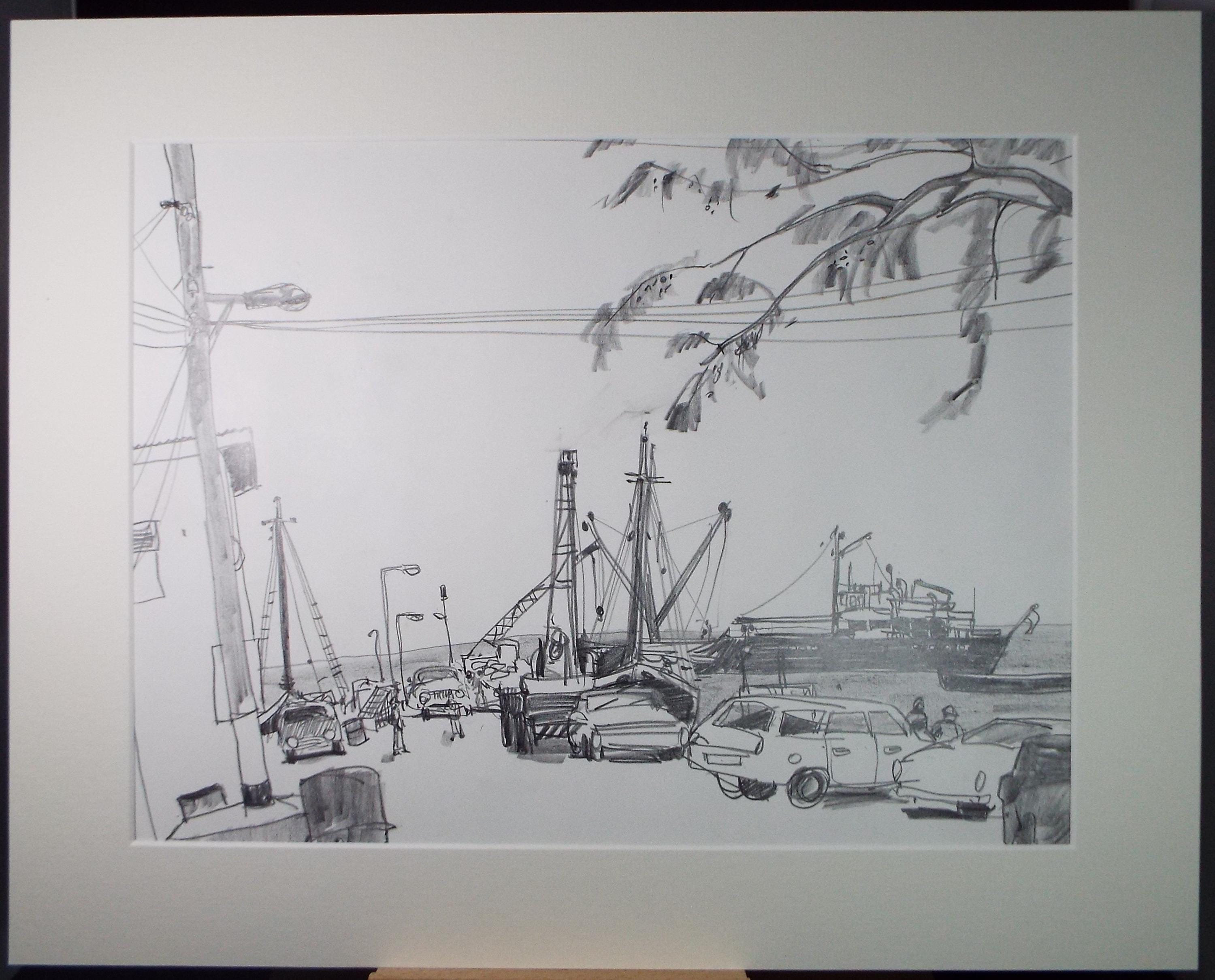 Original Pencil Drawing, Circa 1972, 'Quayside, Montserrat', Pamela Lander