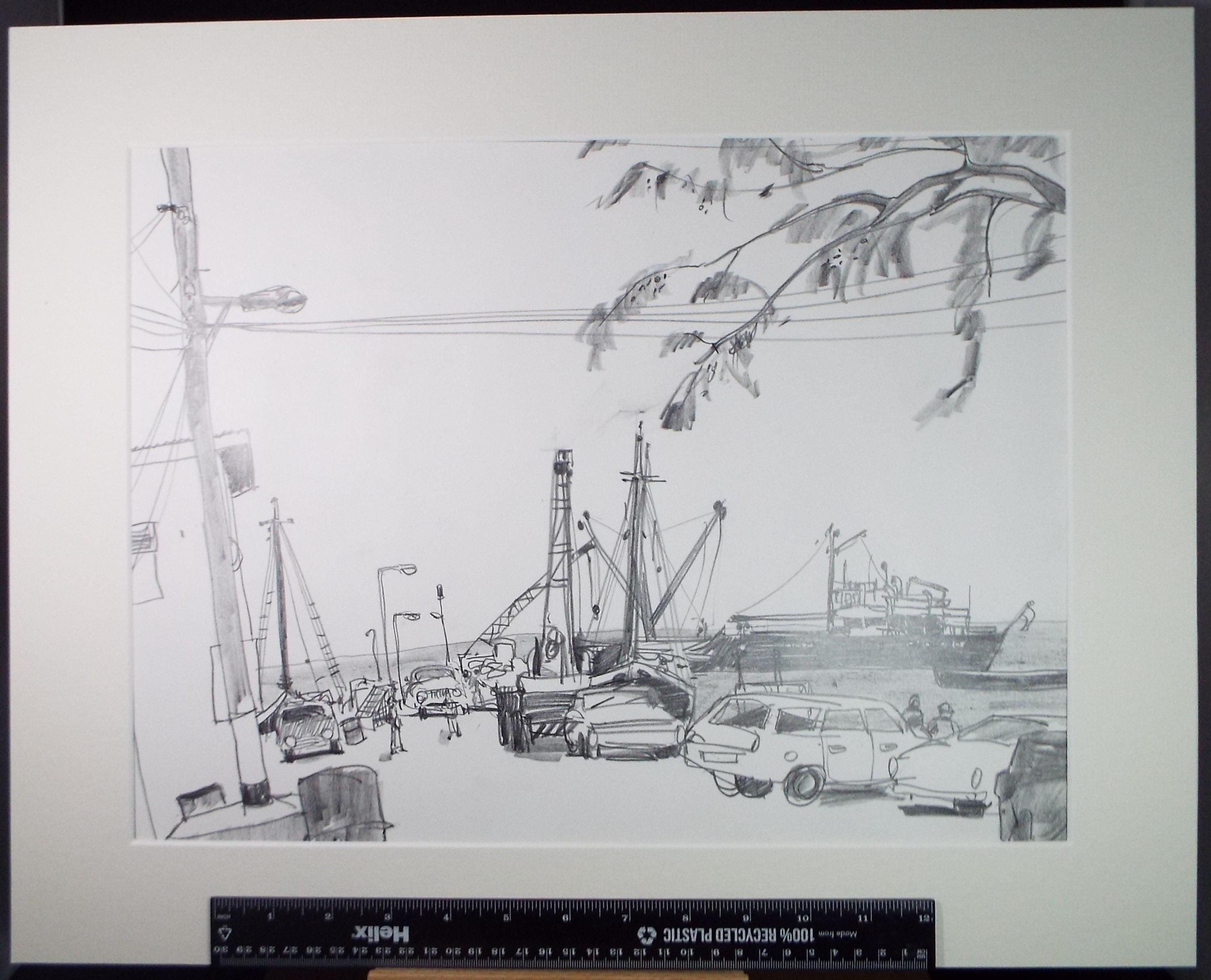 Original Pencil Drawing, Circa 1972, 'Quayside, Montserrat', Pamela Lander