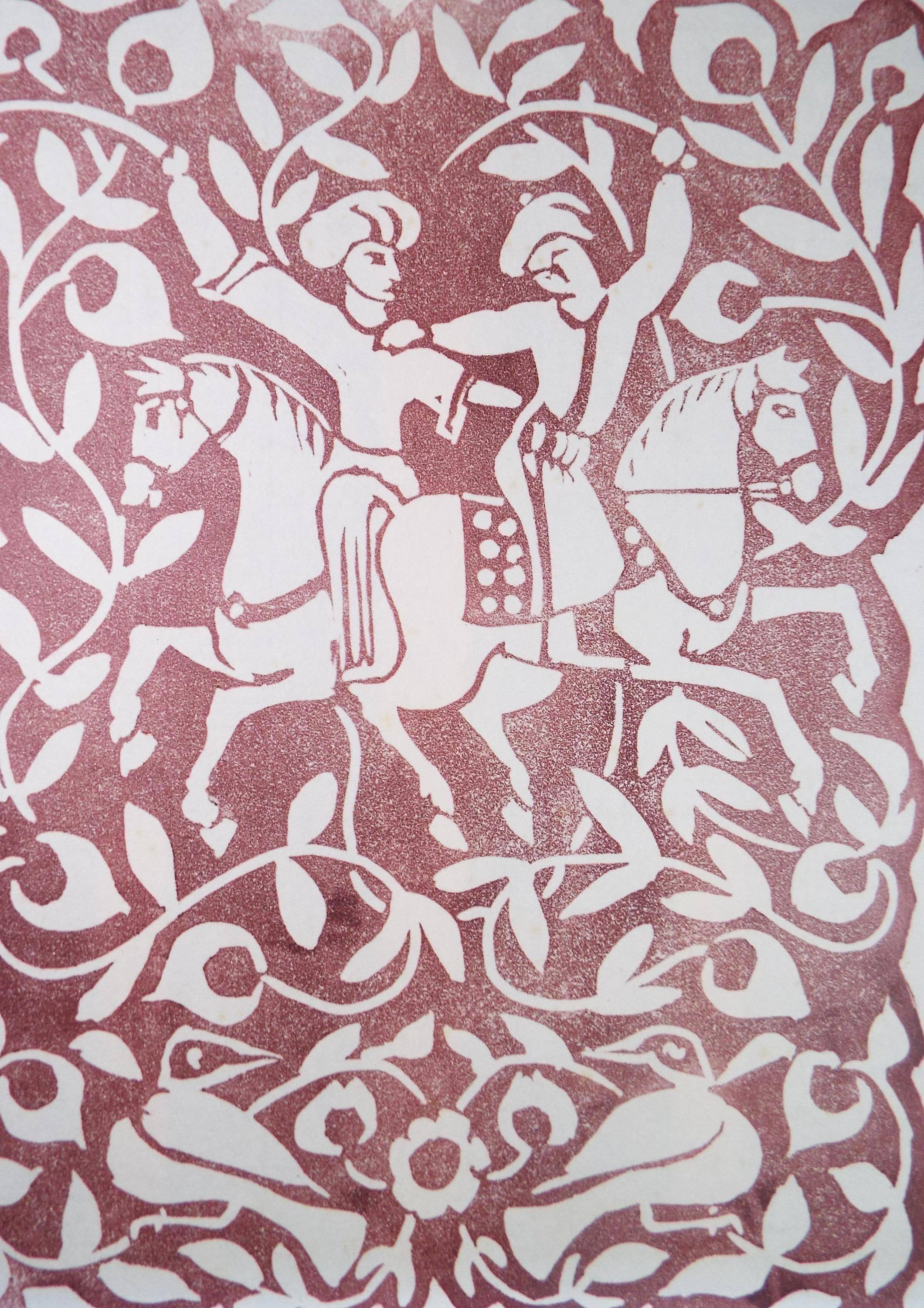 Limited Edition Linocut, 'Chevalier Persans, Dorothy Litherland, signed and numbered