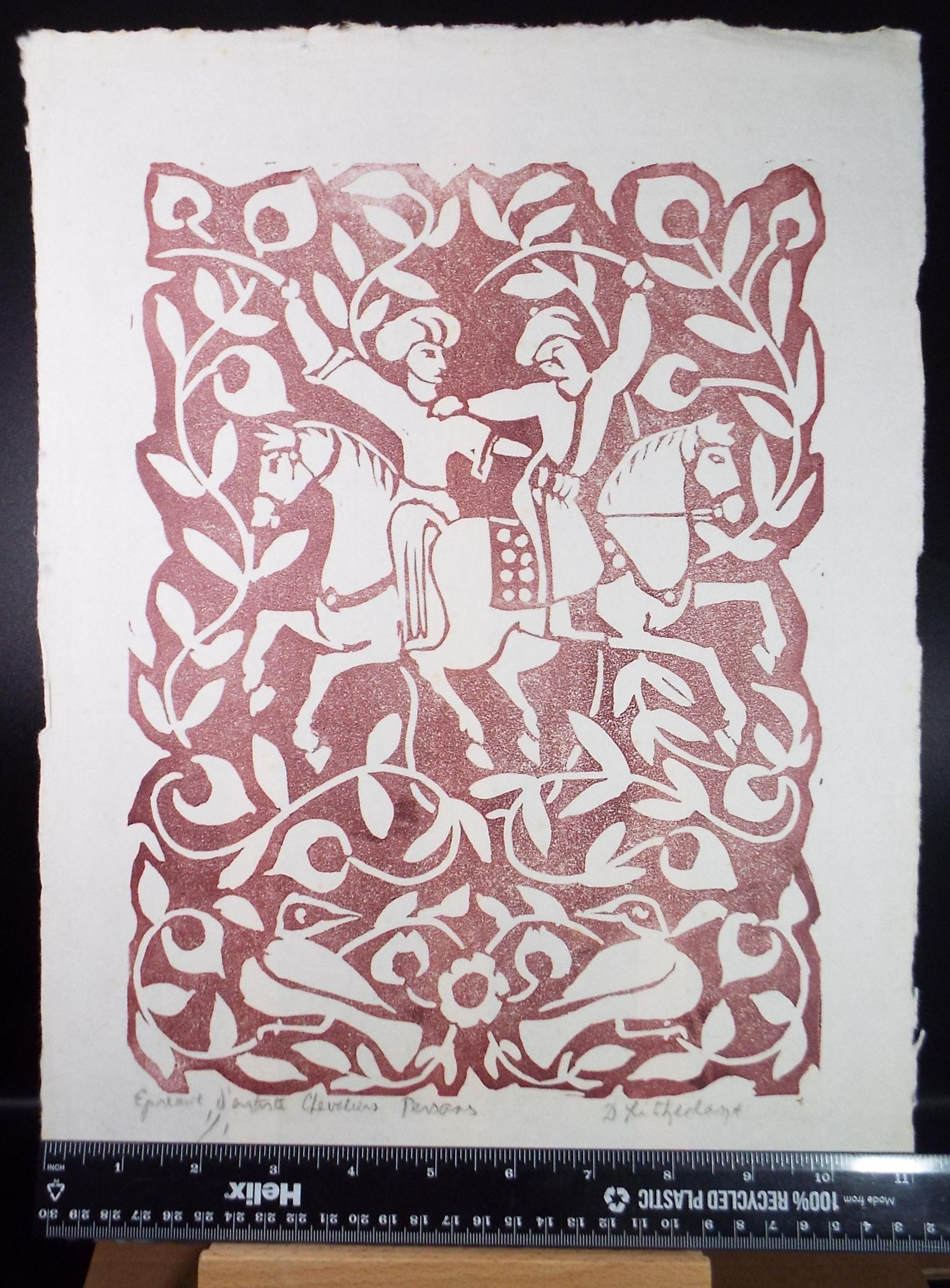 Limited Edition Linocut, 'Chevalier Persans, Dorothy Litherland, signed and numbered