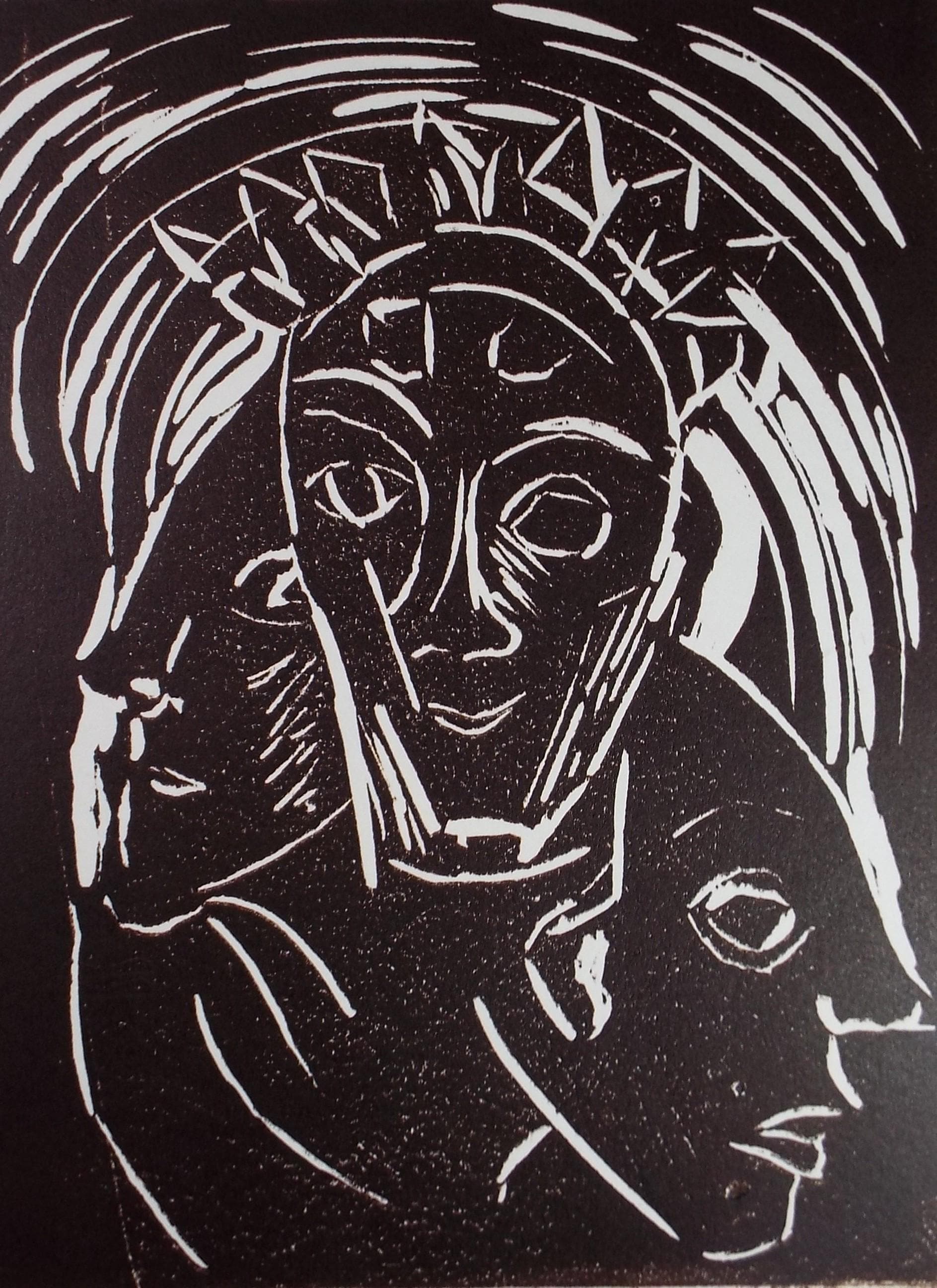 Limited Edition Linocut 'Masks', Elizabeth Duncan Meyer (b1942), signed and numbered
