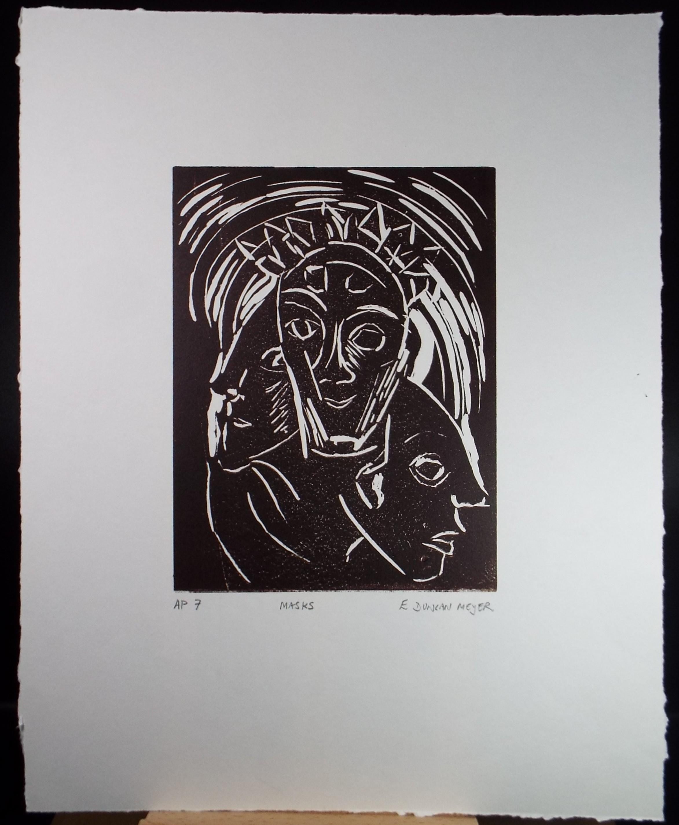 Limited Edition Linocut 'Masks', Elizabeth Duncan Meyer (b1942), signed and numbered