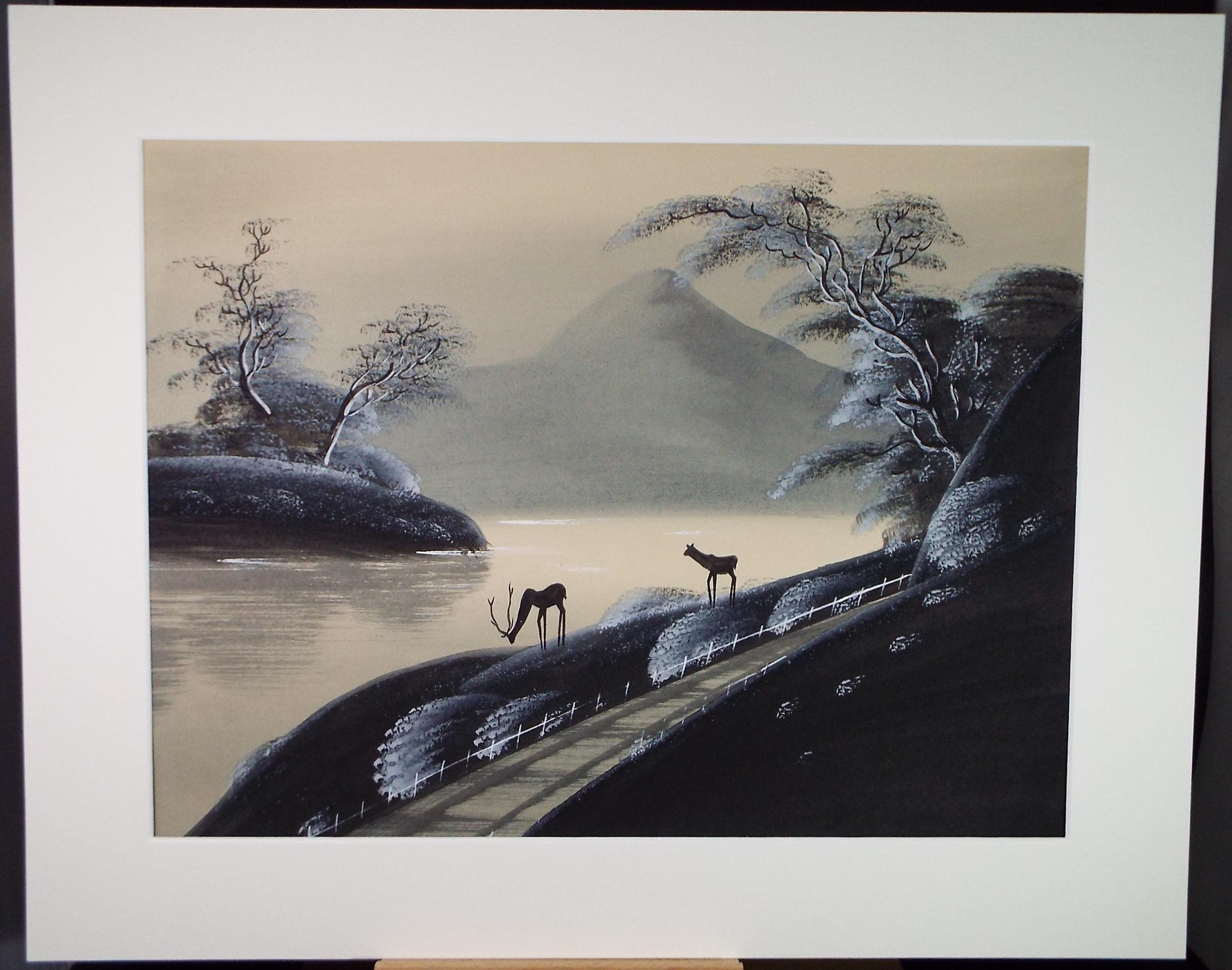 Original Gouache, 'Two deer on a lake edge', Circa 1930's, Artist Unknown