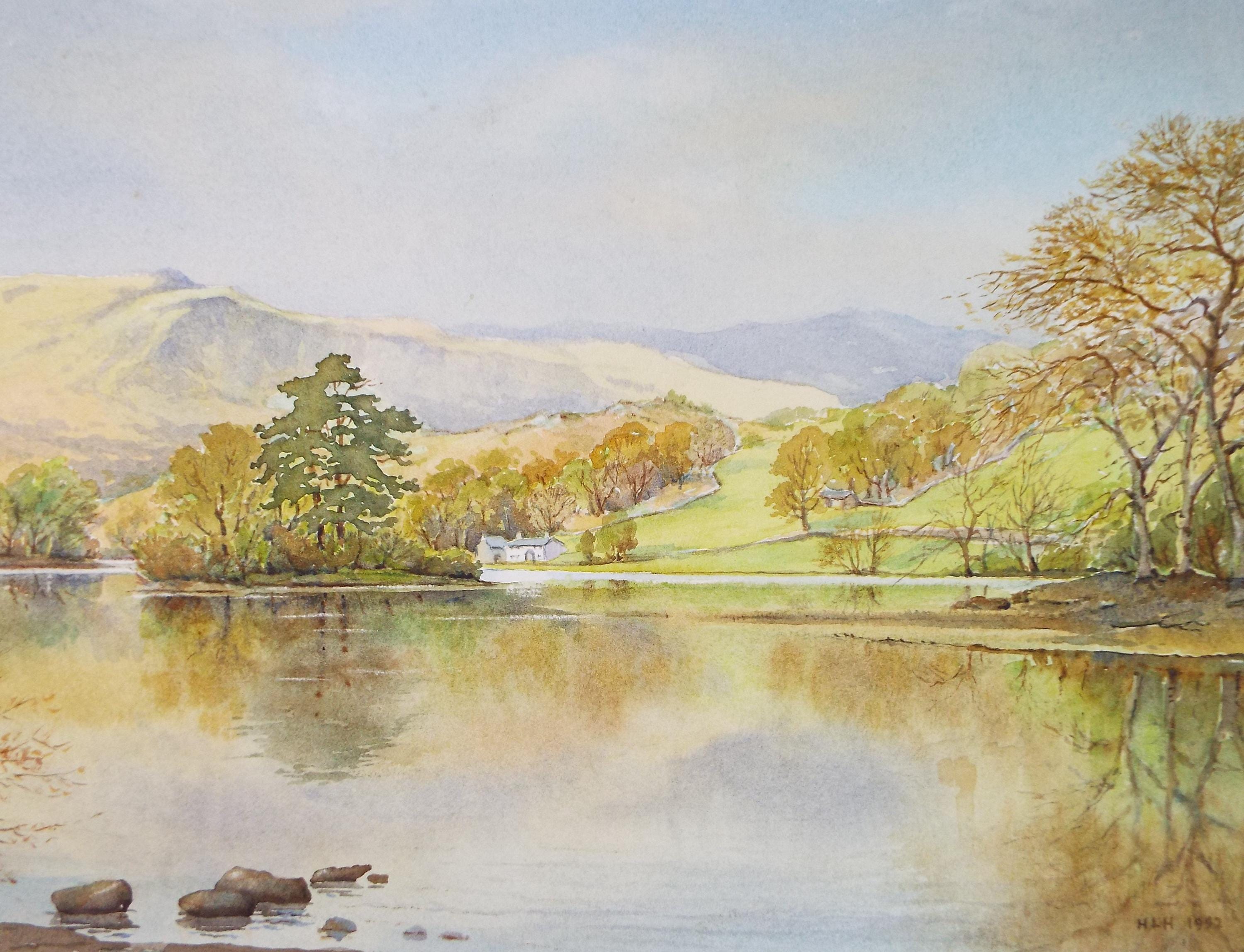 Original Watercolour, 'Farmhouse on a lake', Initialled HLH, Dated 1992
