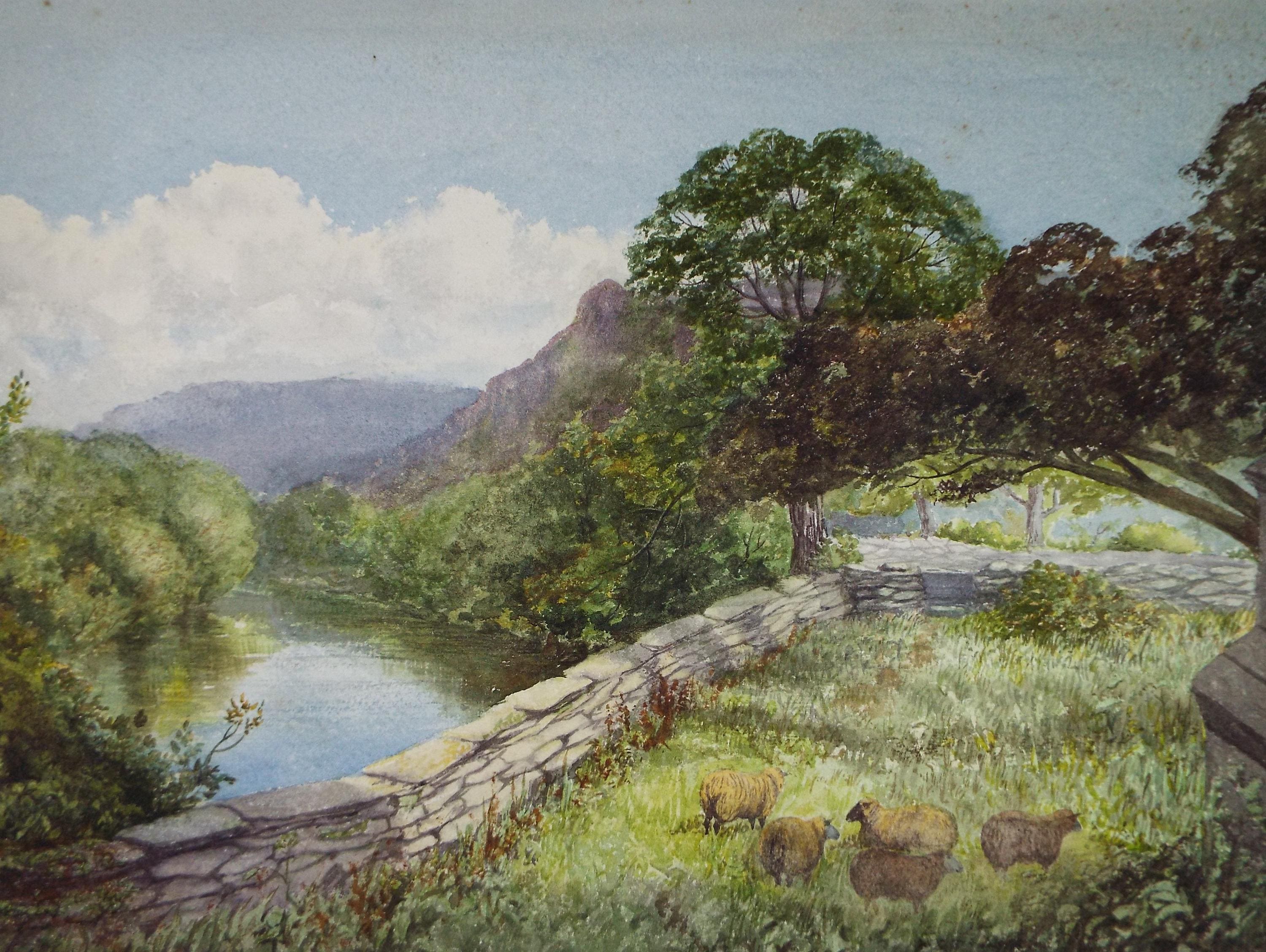 Original Watercolour, 'Sheep above a river', Early 20th Century Artist Unknown