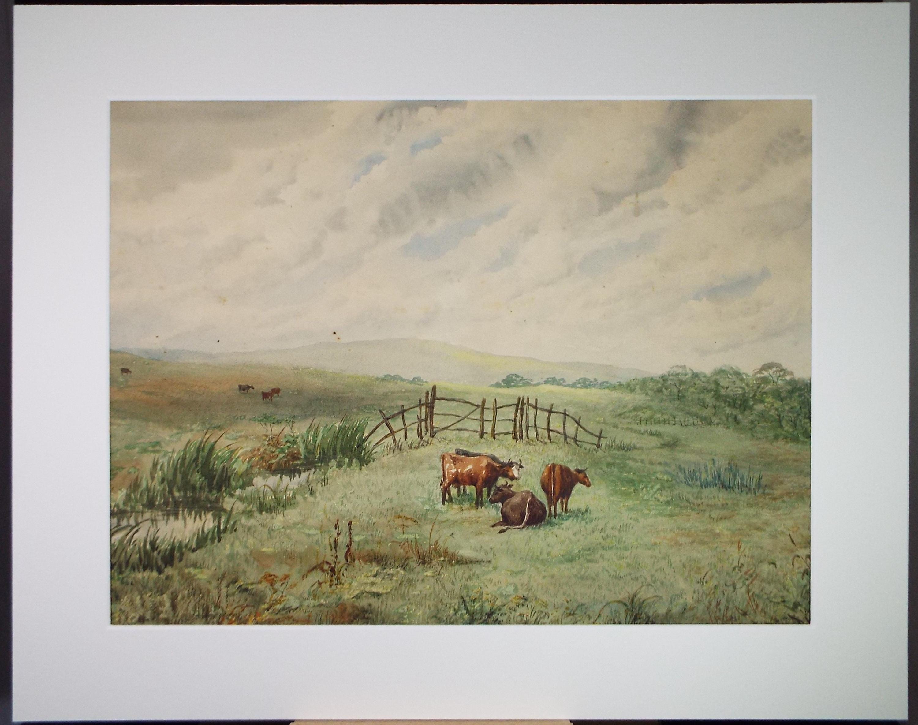 Original Watercolour, 'Cattle in a landscape',Early 20th Century, Unknown Artist
