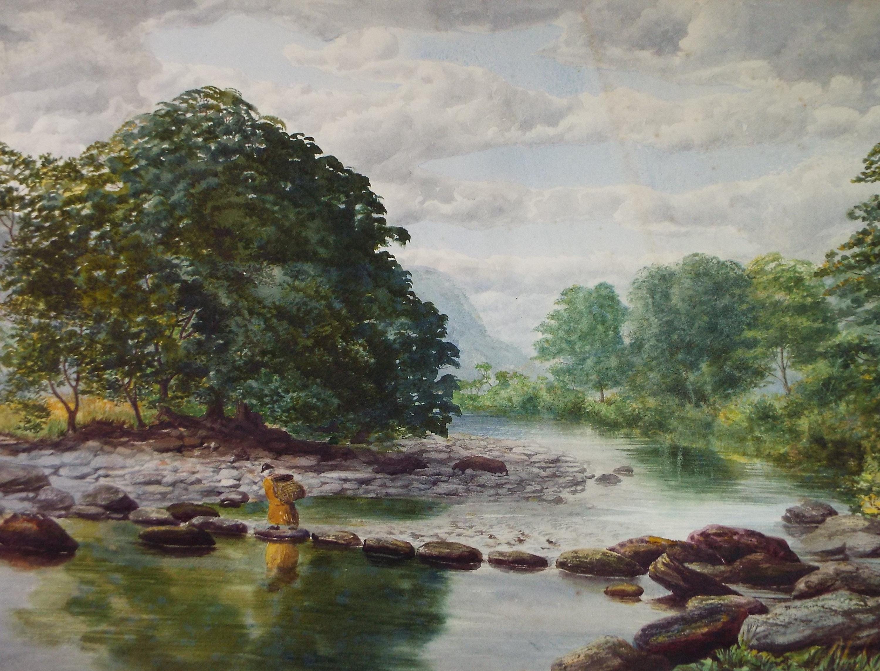 Original Watercolour, 'Woman crossing a river', Late 19th Century, Unknown Artist