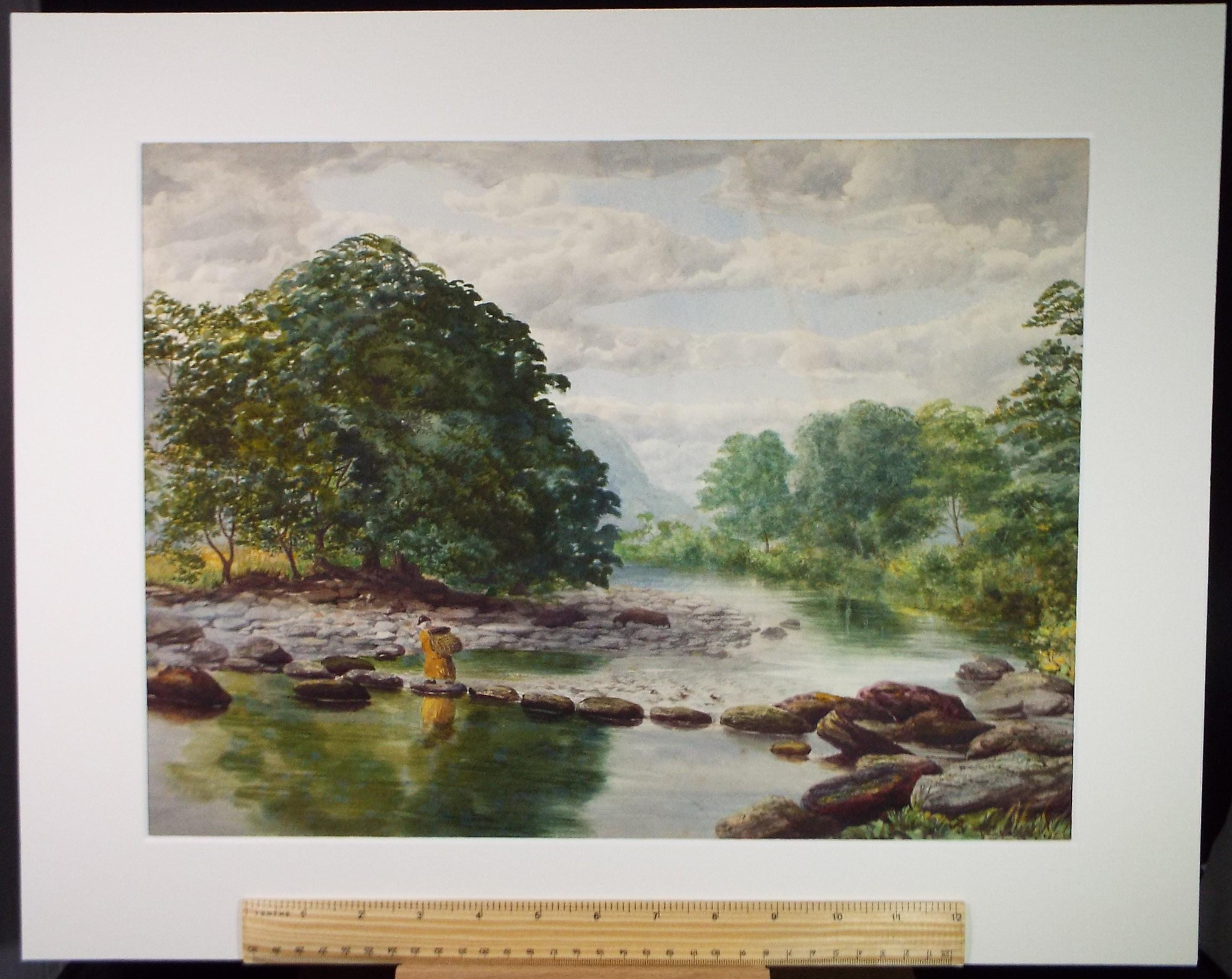 Original Watercolour, 'Woman crossing a river', Late 19th Century, Unknown Artist