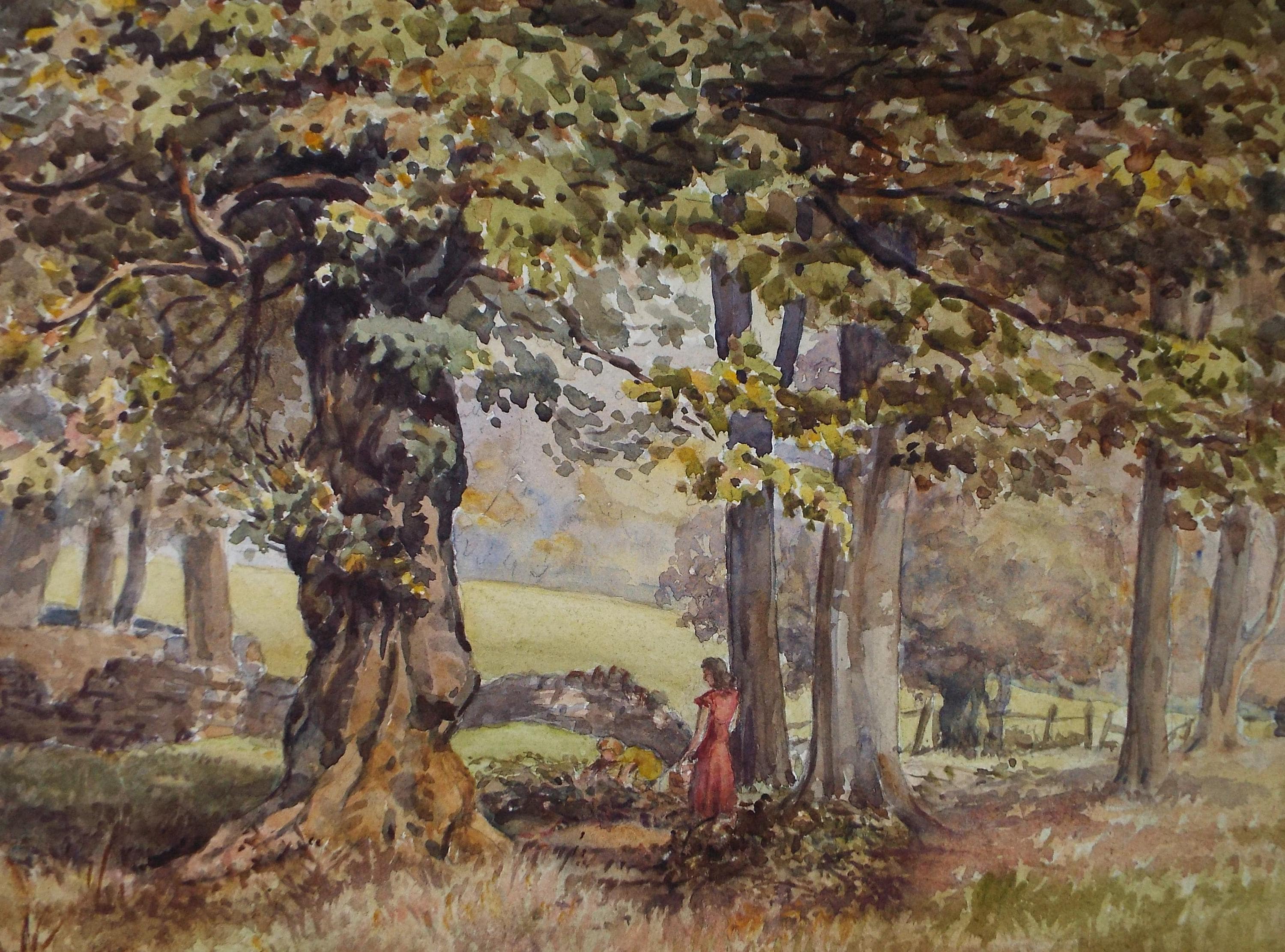 Original Watercolour, 'Figures in Woodland, Unknown Artist, circa 1950's