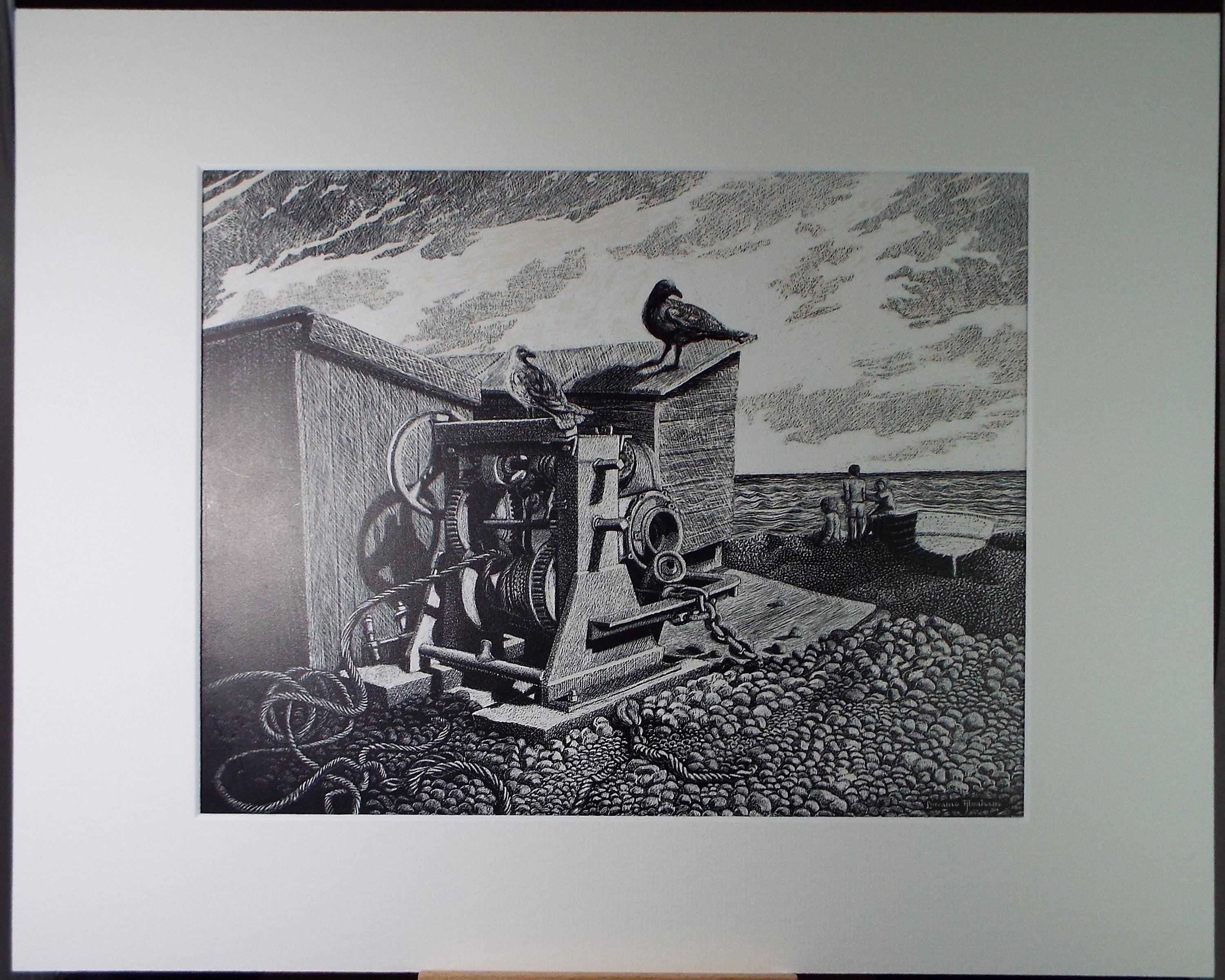 Original Scraperboard & ink drawing, 'Winding gear on the shore', Lorraine Abraham RSMA (1941-2023), Circa 2000