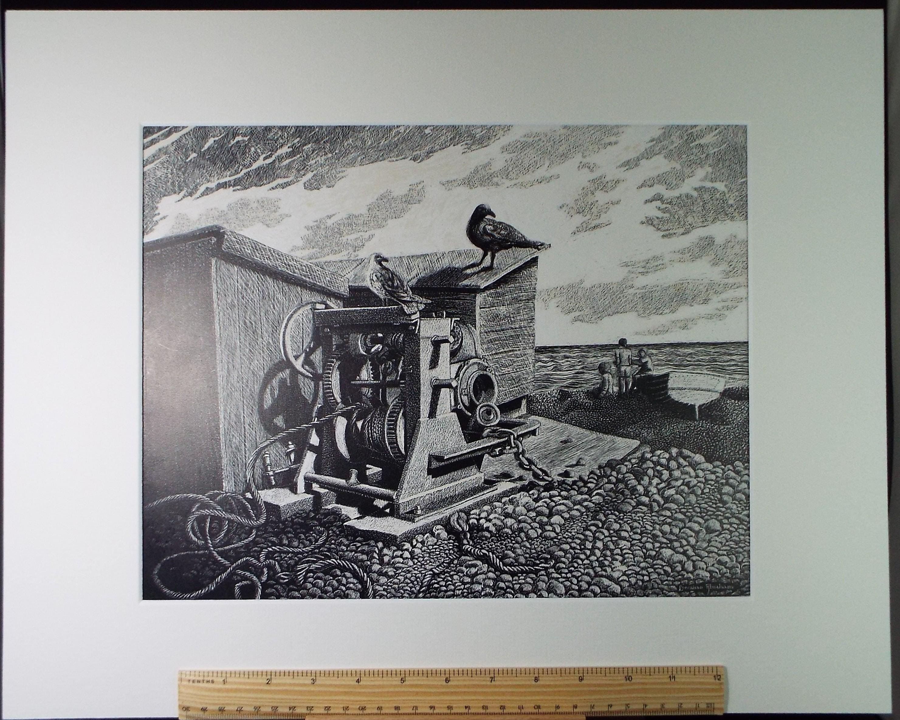 Original Scraperboard & ink drawing, 'Winding gear on the shore', Lorraine Abraham RSMA (1941-2023), Circa 2000