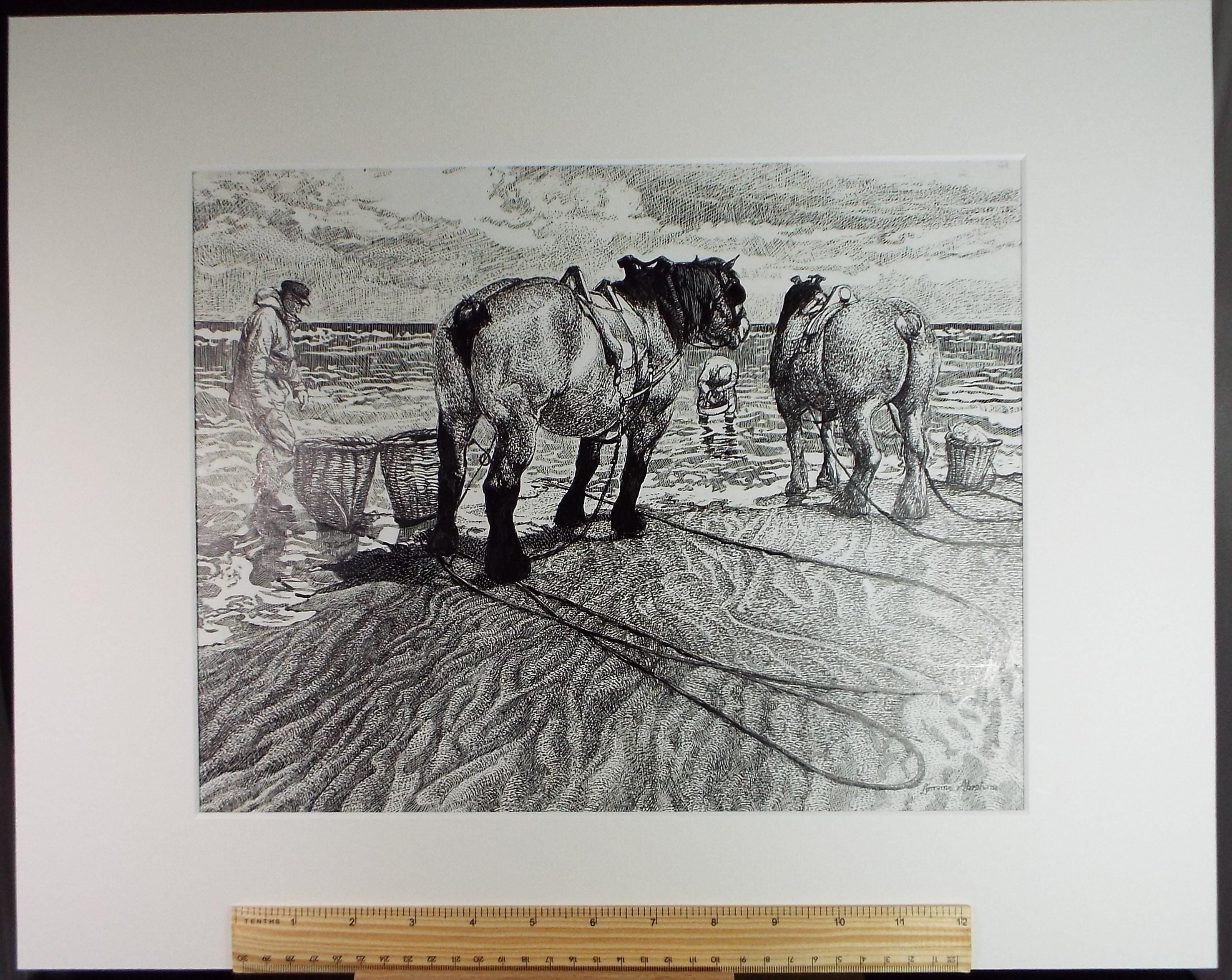 Original Scraperboard & Ink drawing, 'Cockle Pickers', Lorraine Abraham RSMA (1941-2023), Circa 2000