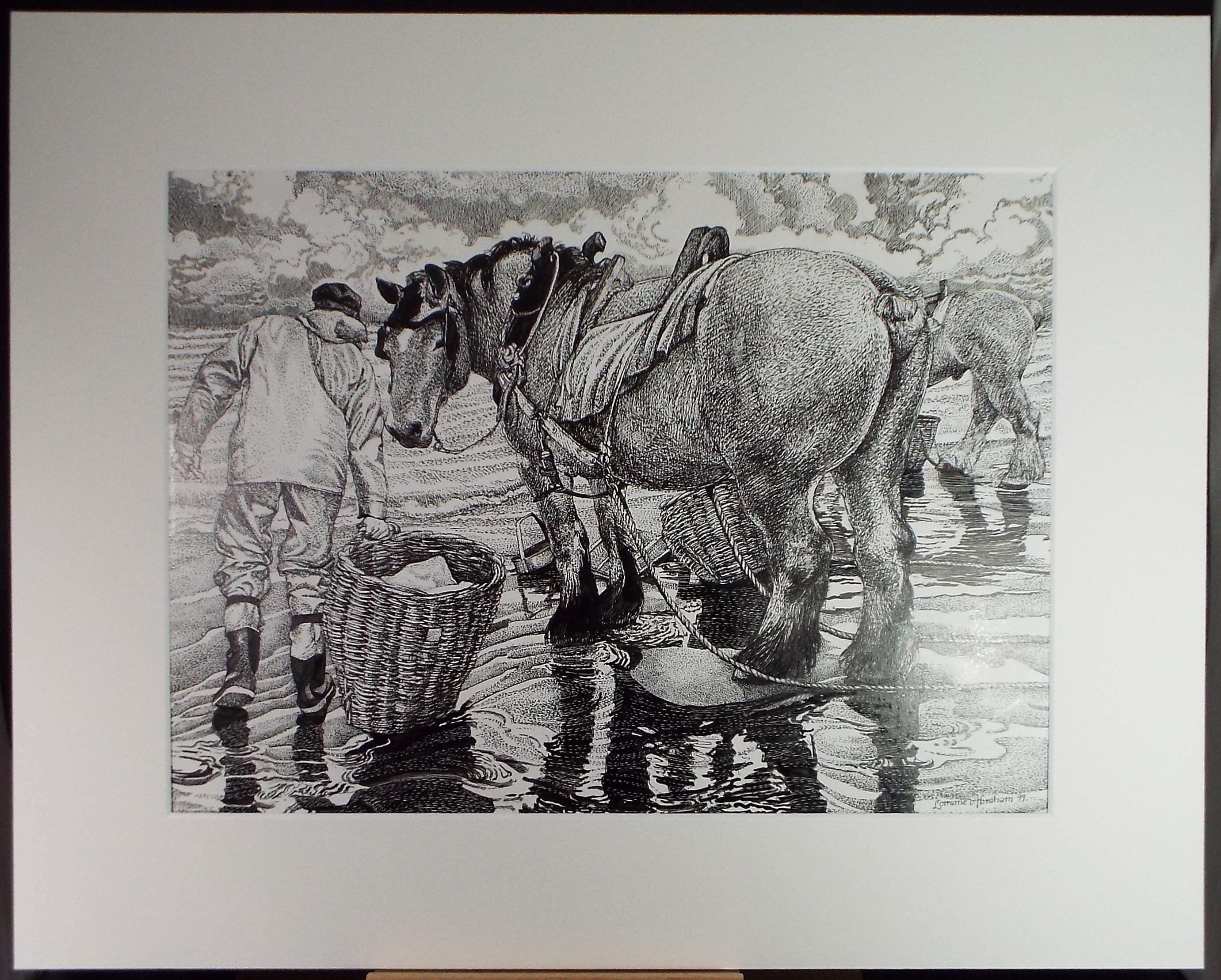 Original Scraperboard & Ink drawing, 'Cockle Pickers', Lorraine Abraham RSMA (1941-2023), Circa 2000