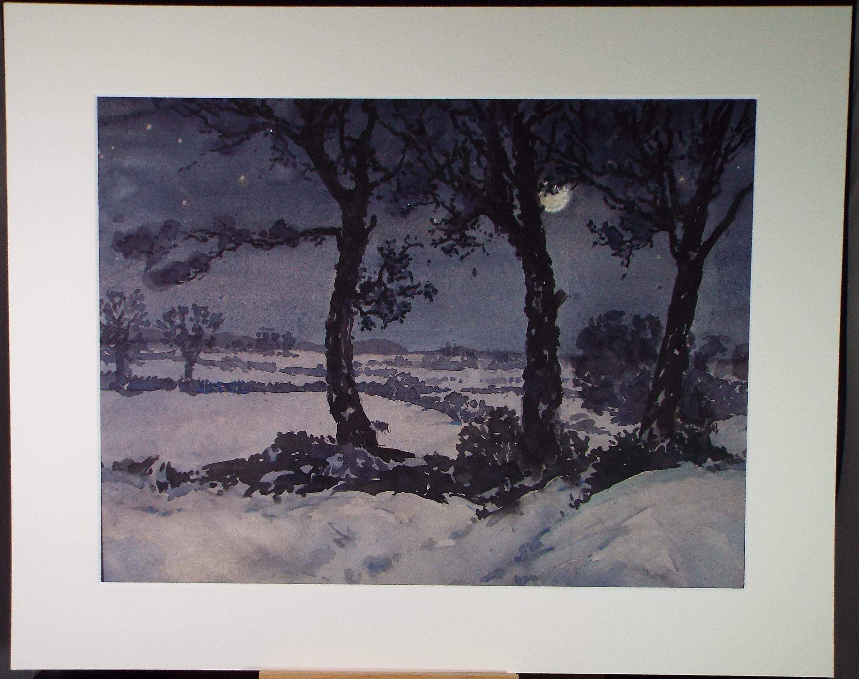 Original Watercolour, 'Moonlight in the snow', Henry Potter Stevens (1875-1965) Dated 1947