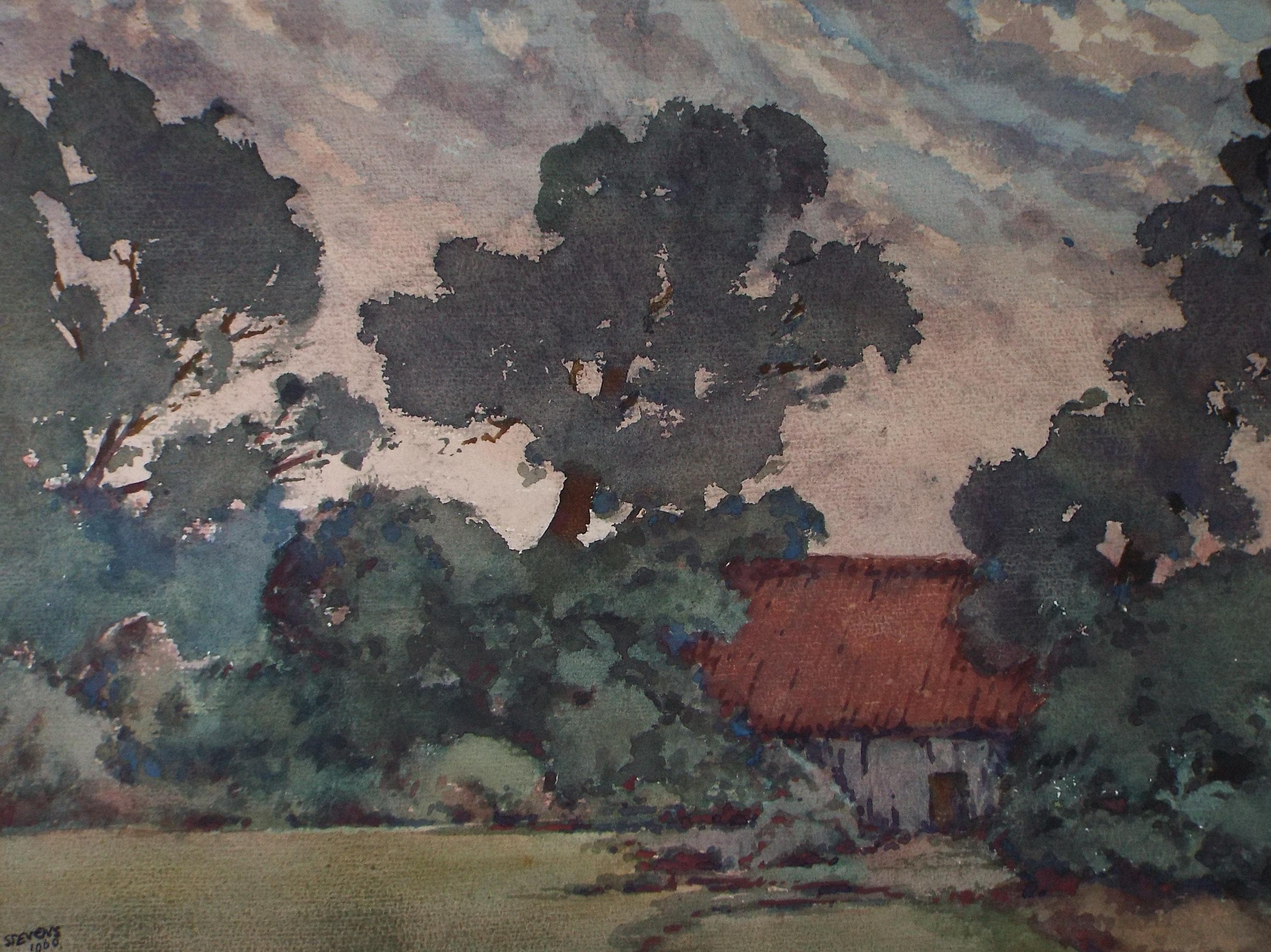 Original Watercolour, 'Barn in Woodland', Henry Potter Stevens (1875-1965) Dated 1960
