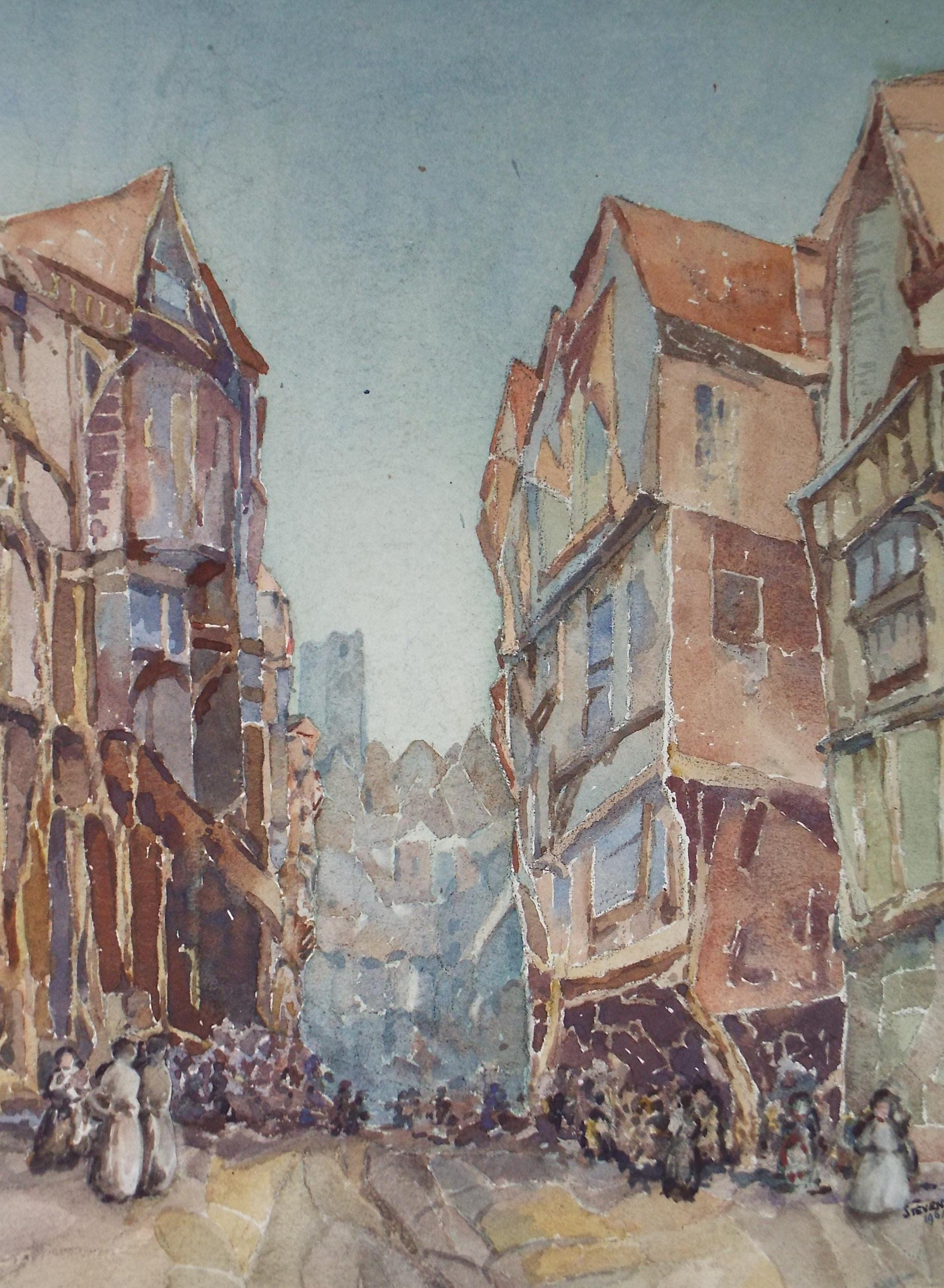 Original Watercolour, 'Medieval Town', Henry Potter Stevens (1875-1965) Dated 1961