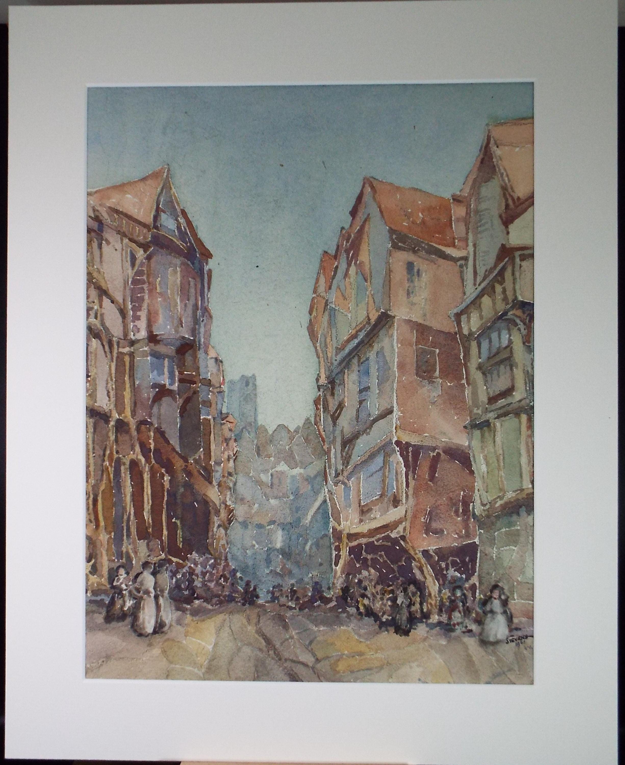 Original Watercolour, 'Medieval Town', Henry Potter Stevens (1875-1965) Dated 1961