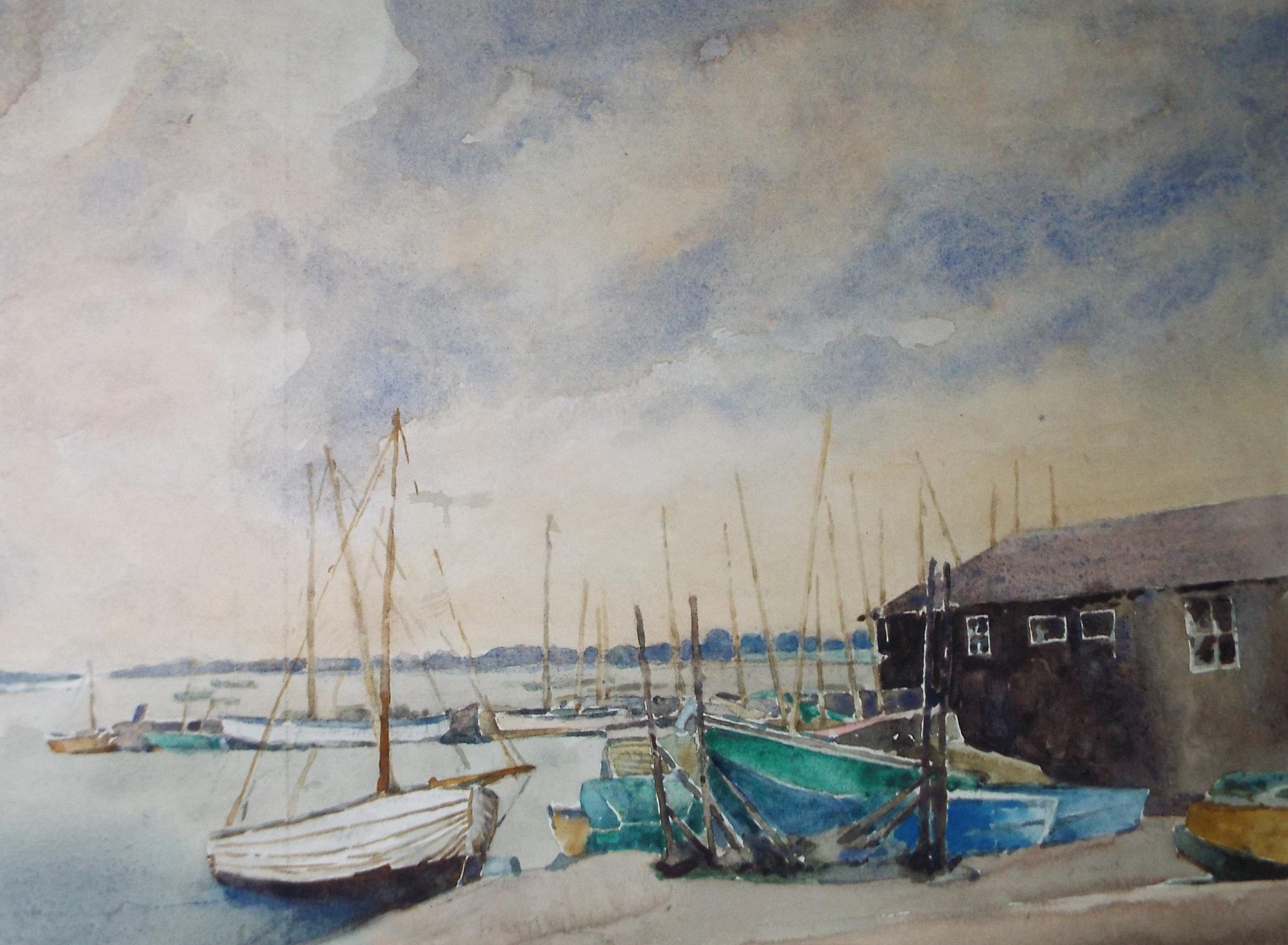Original Watercolour, 'Boats on the Shore', Henry Potter Stevens (1875-1965) Circa 1950's