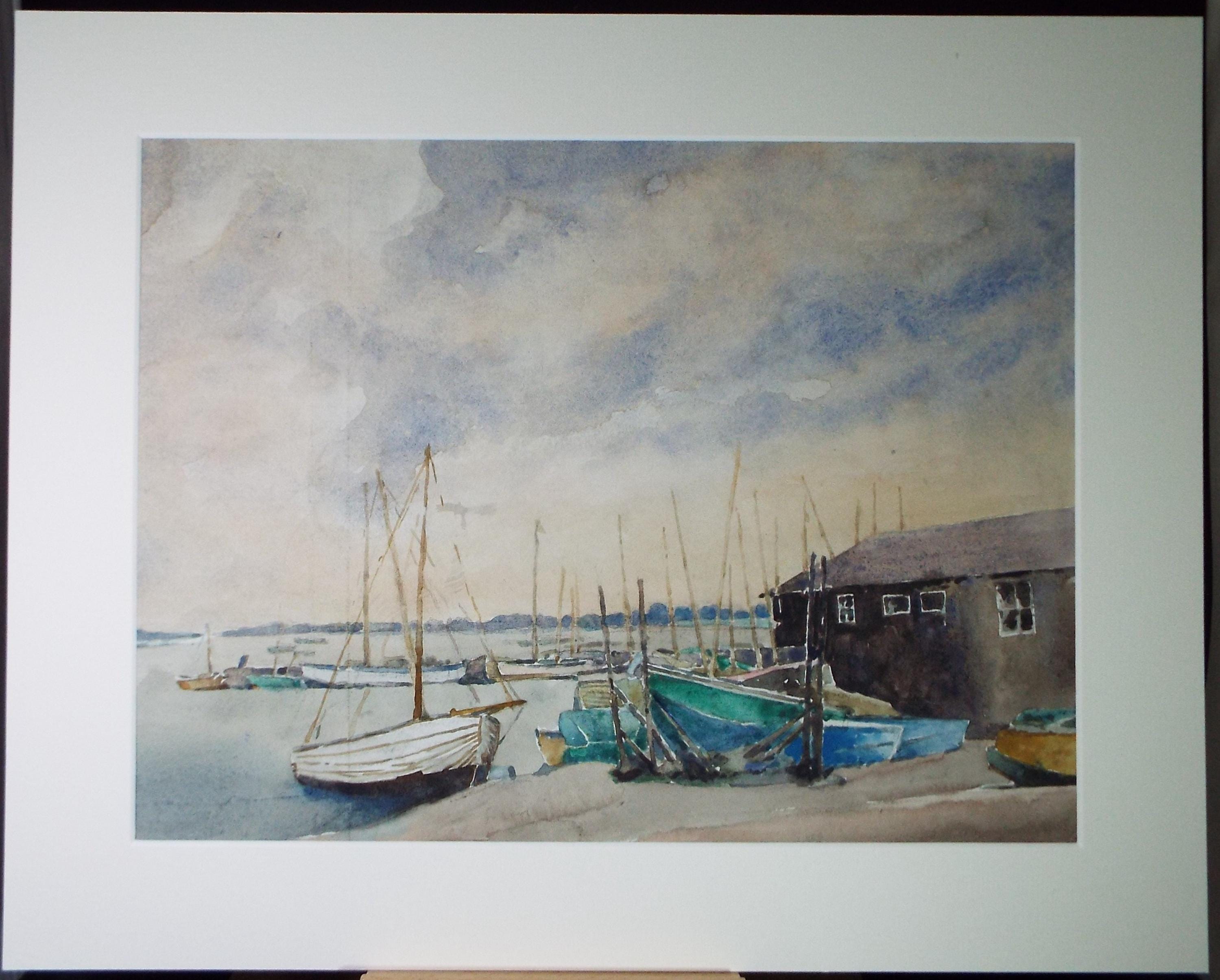 Original Watercolour, 'Boats on the Shore', Henry Potter Stevens (1875-1965) Circa 1950's