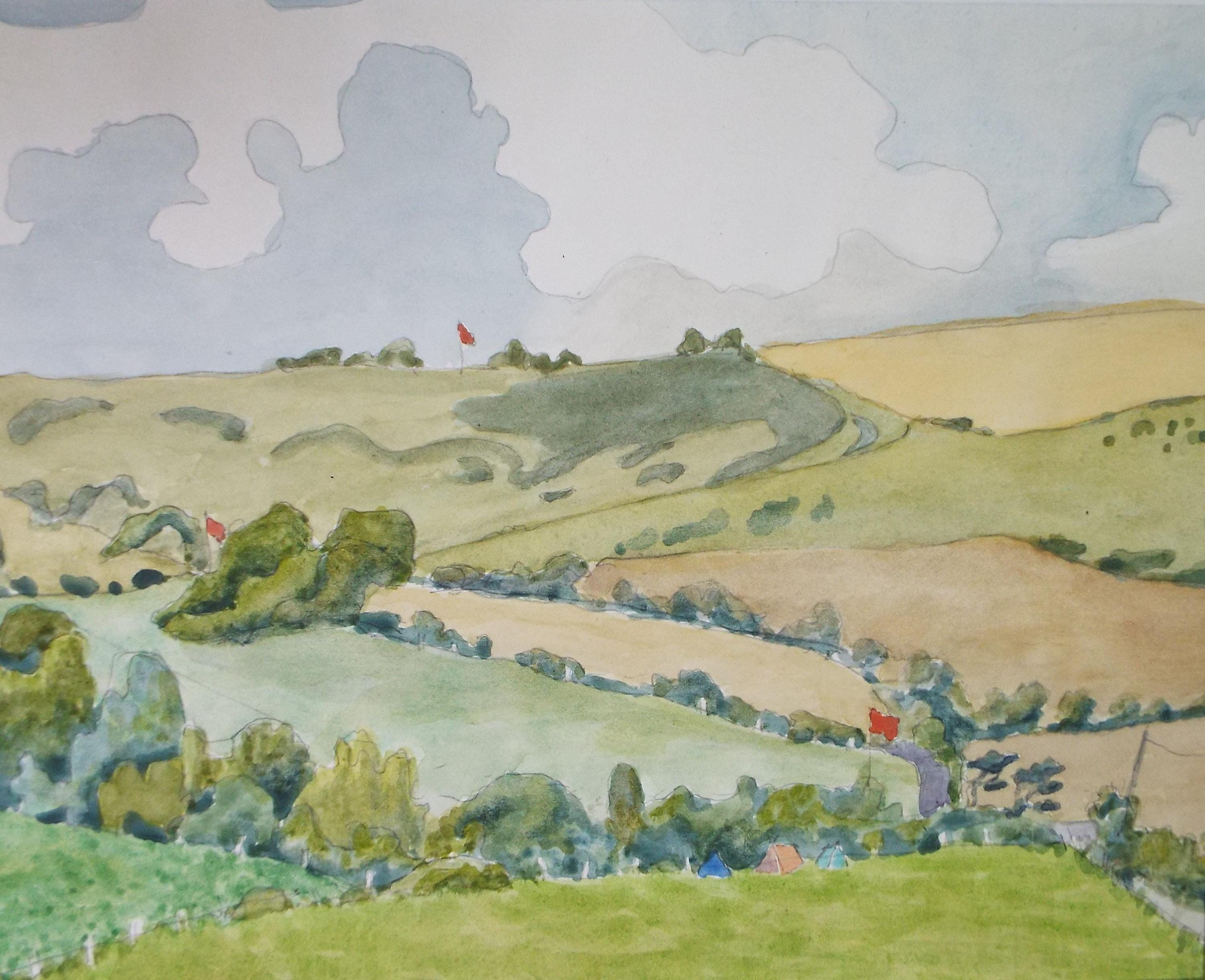 Original Watercolour, 'Green Landscape with Flags', Unknown artist, circa 1980's