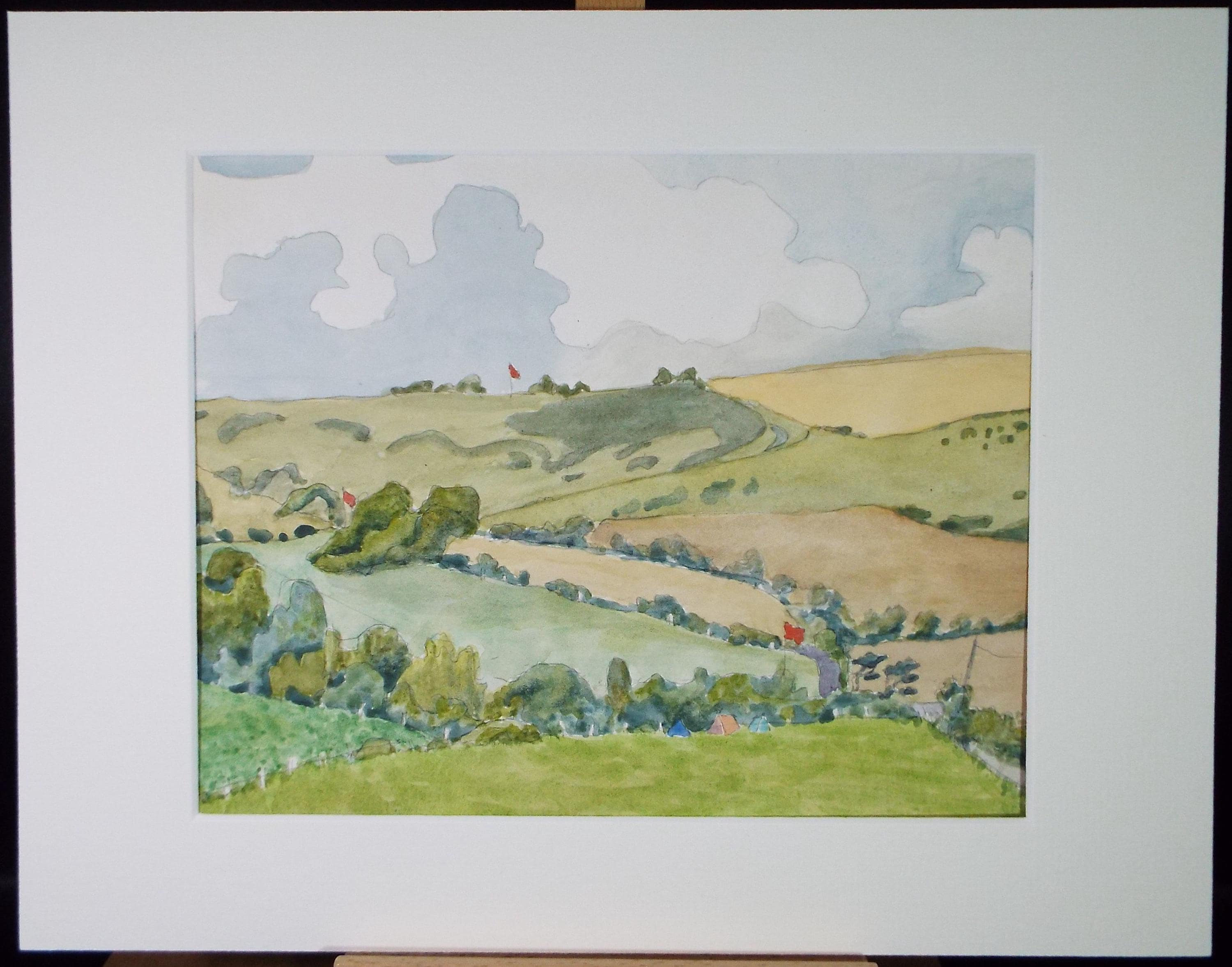 Original Watercolour, 'Green Landscape with Flags', Unknown artist, circa 1980's