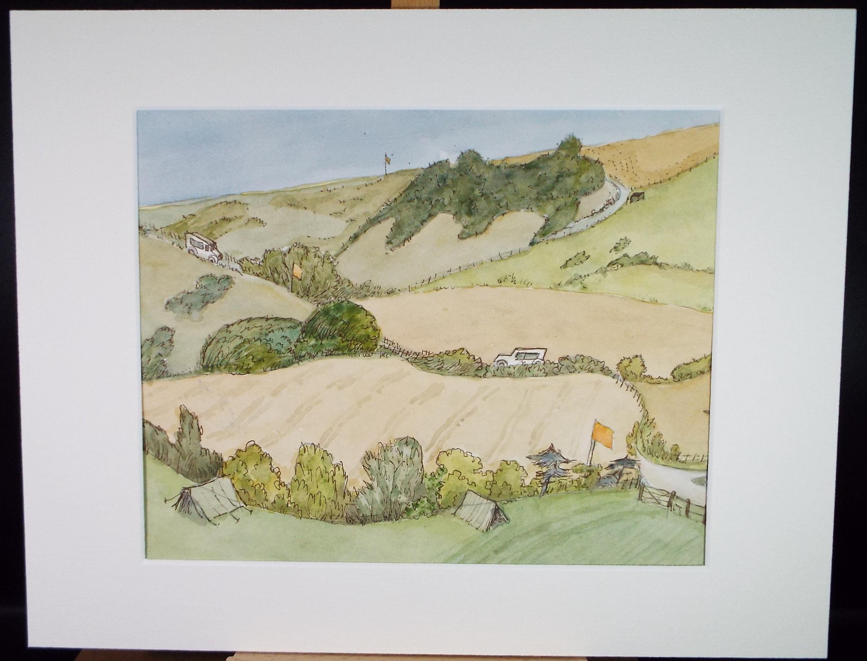 Original Watercolour, 'Green Landscape with Flags', Unknown artist, circa 1980's