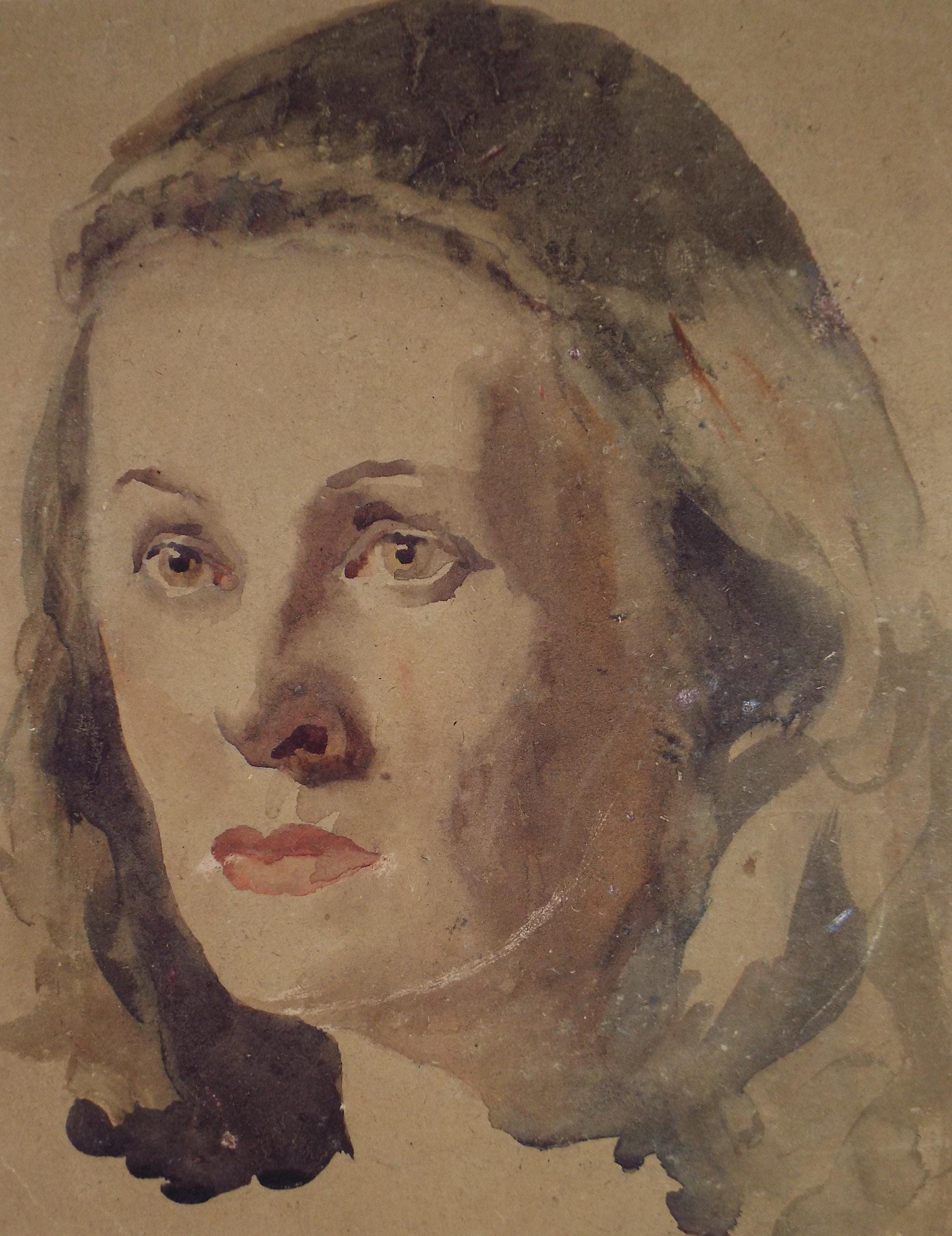 Original Watercolour and Gouache, 'Portrait of Woman', Mid 20th Century, Artist Unknown