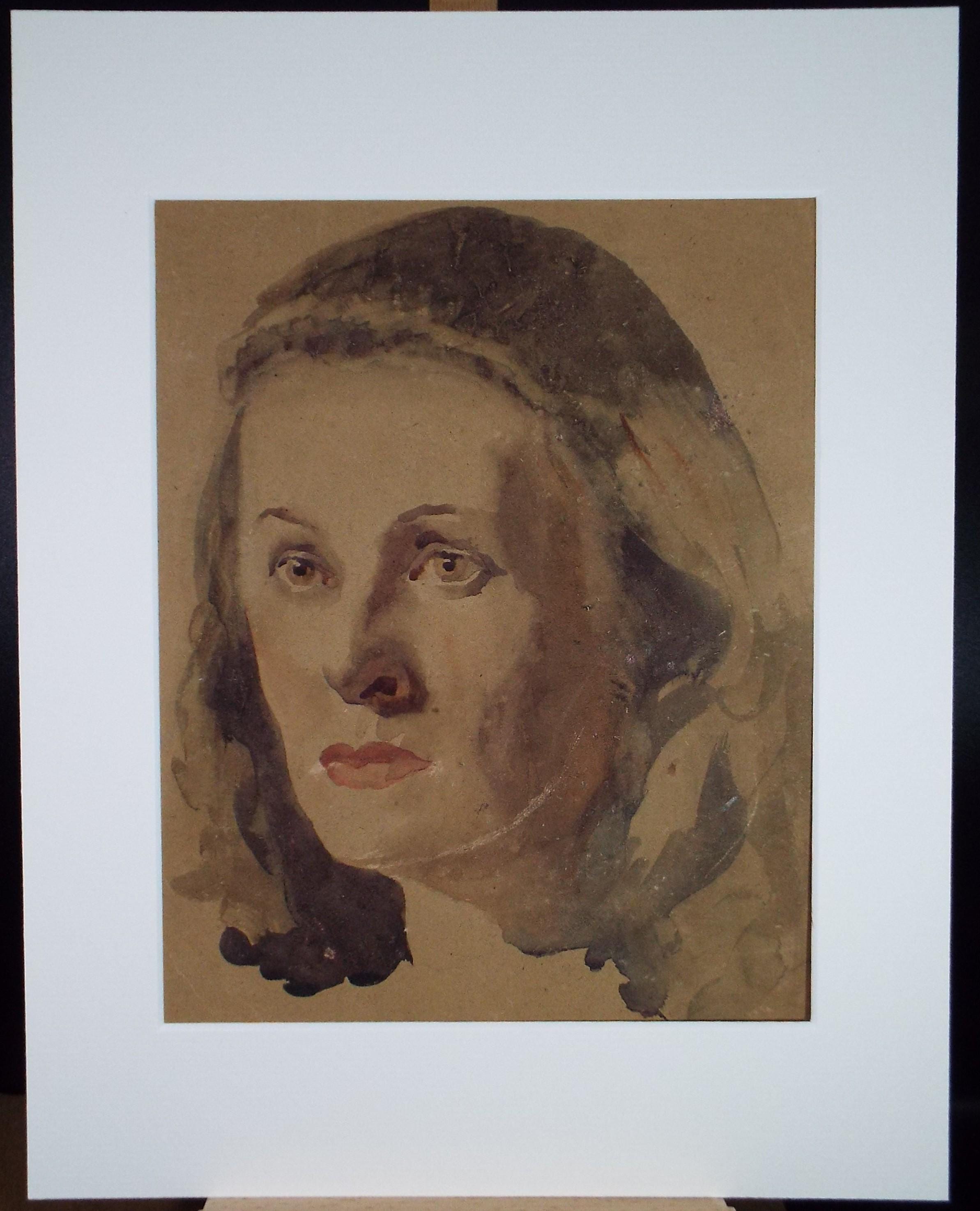 Original Watercolour and Gouache, 'Portrait of Woman', Mid 20th Century, Artist Unknown