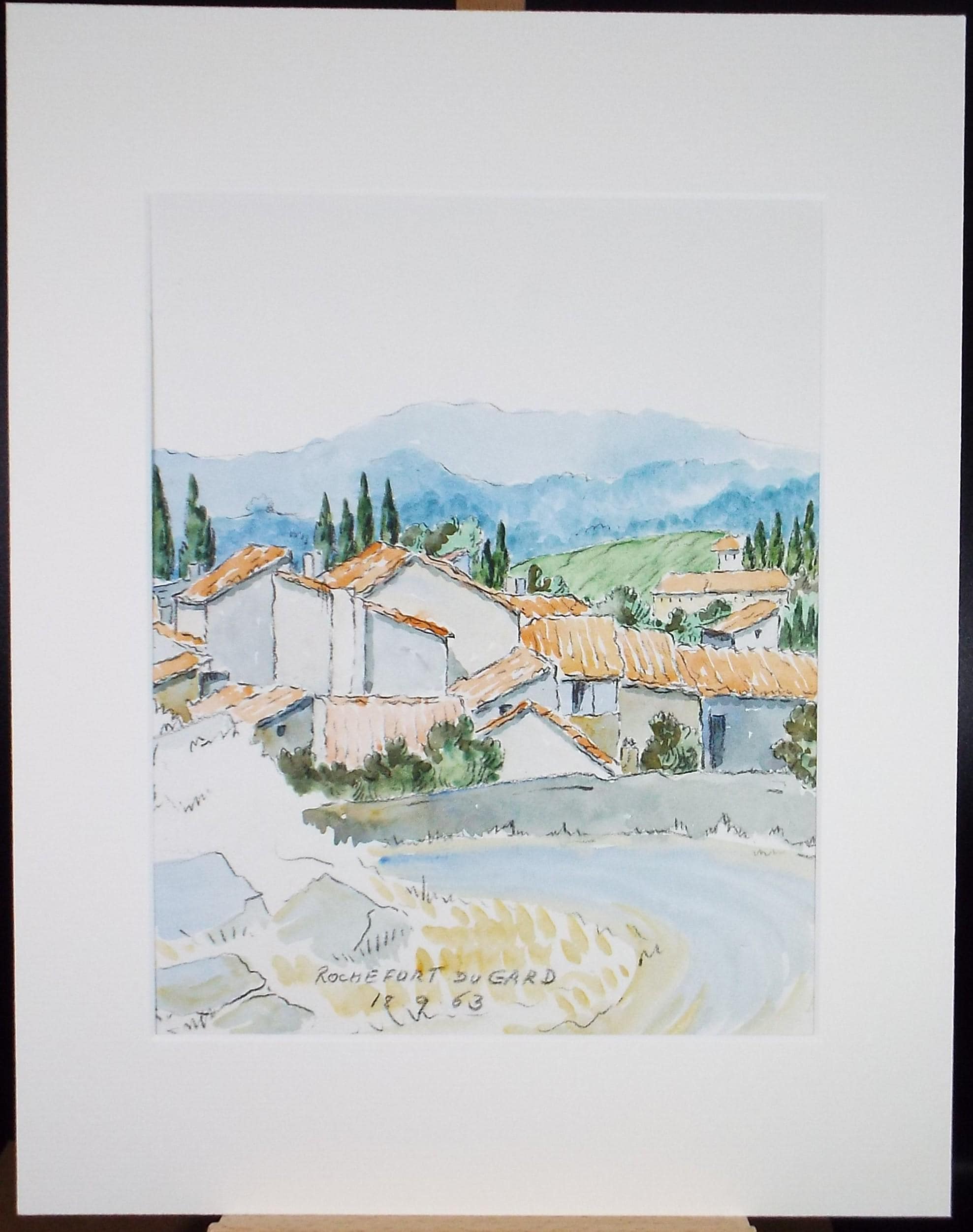 Original Watercolour & Pencil, 'Rochefort du Gard', Cicely Glyn de Beers (1891-1973), Dated 1963
