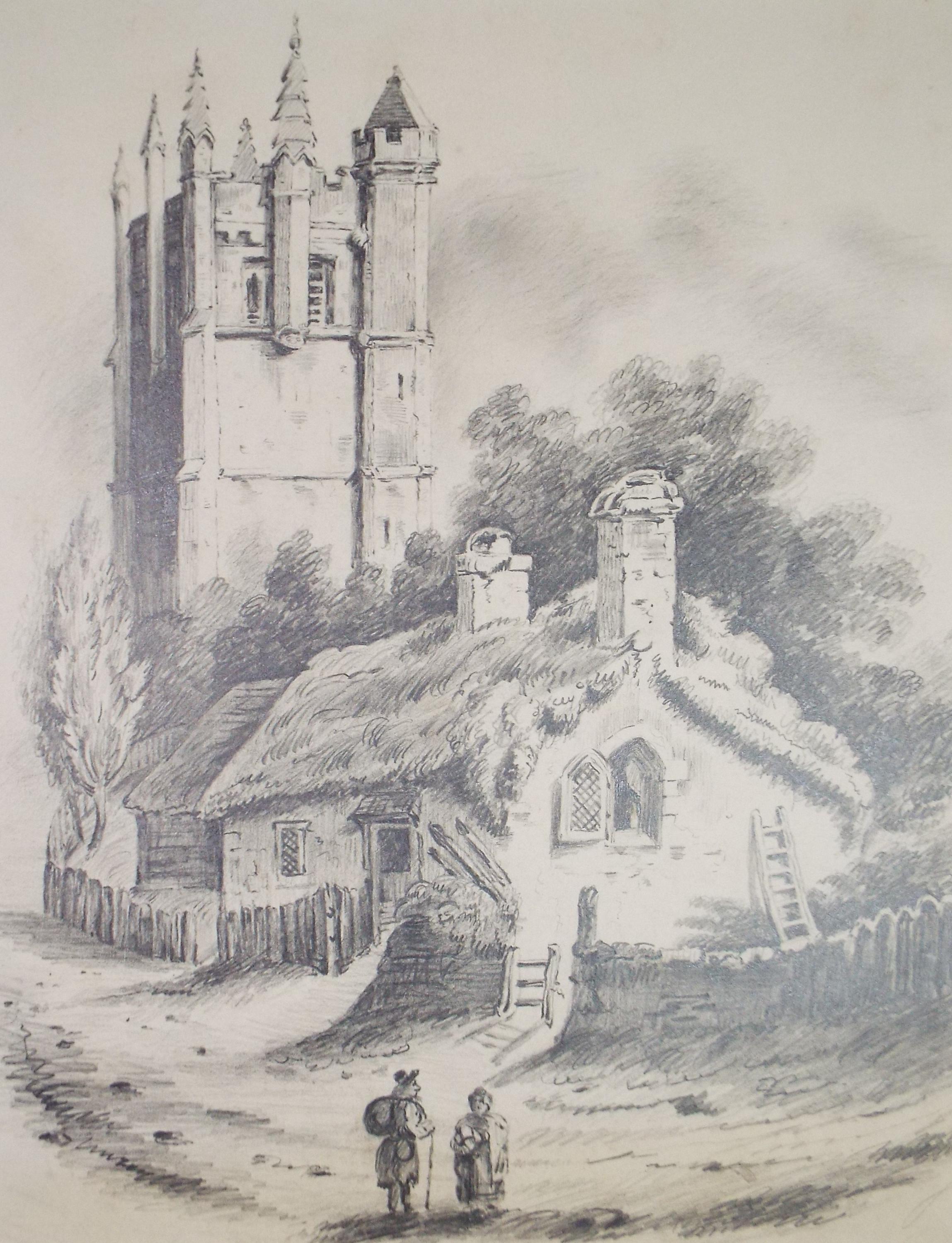 Original Pencil Drawing, 'Figures before a Cottage and Church', Late 19th Century, Unknown artist.