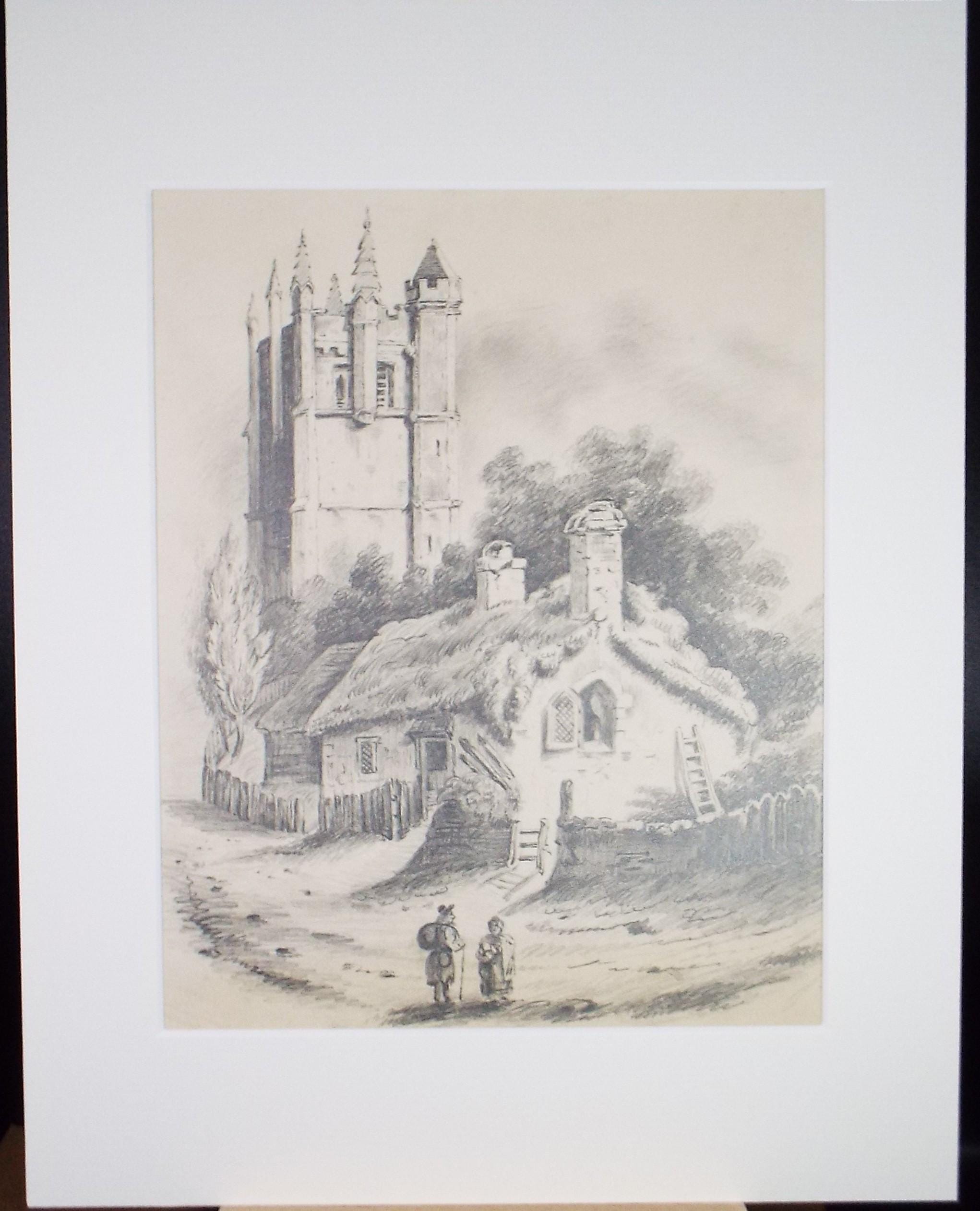 Original Pencil Drawing, 'Figures before a Cottage and Church', Late 19th Century, Unknown artist.