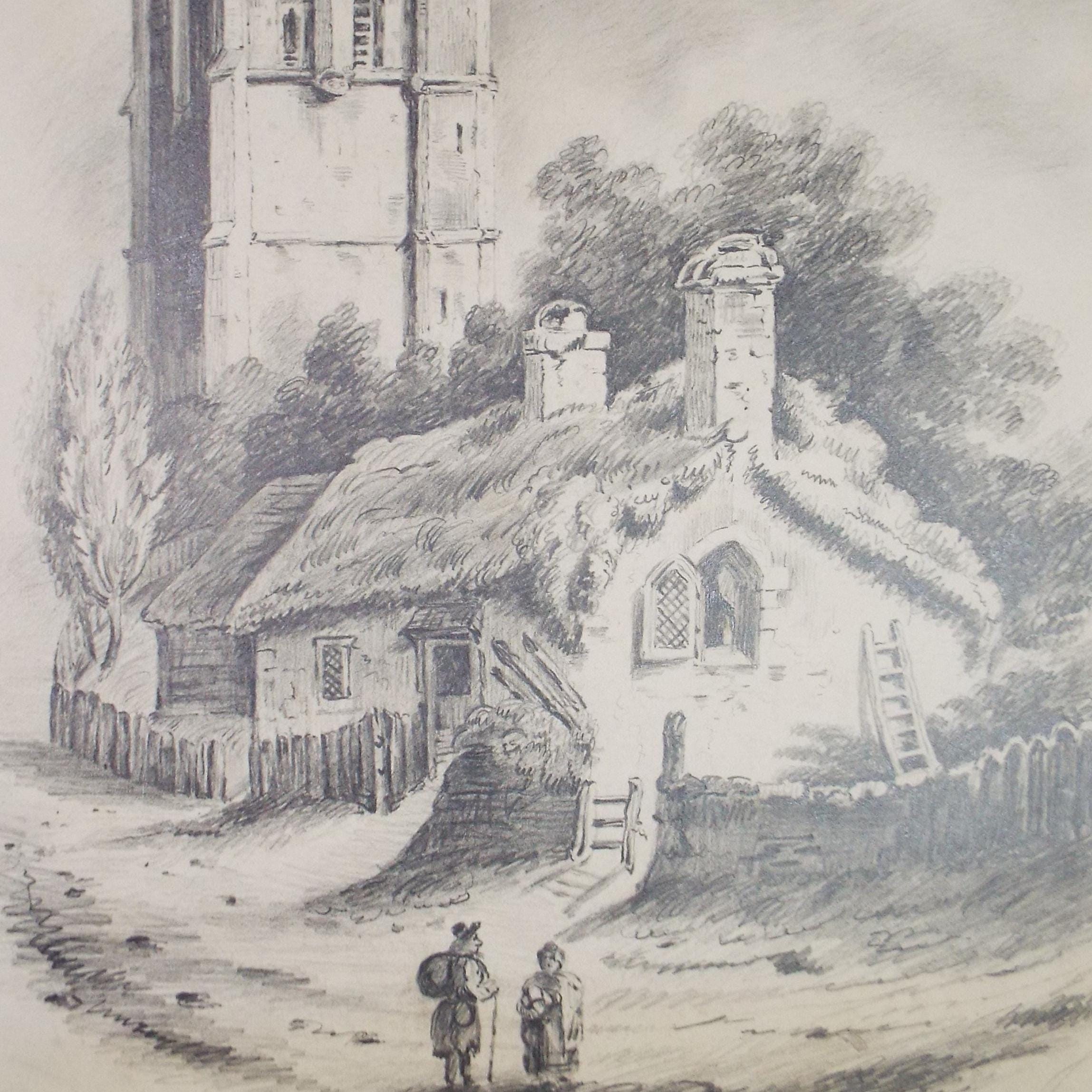 Original Pencil Drawing, 'Figures before a Cottage and Church', Late 19th Century, Unknown artist.