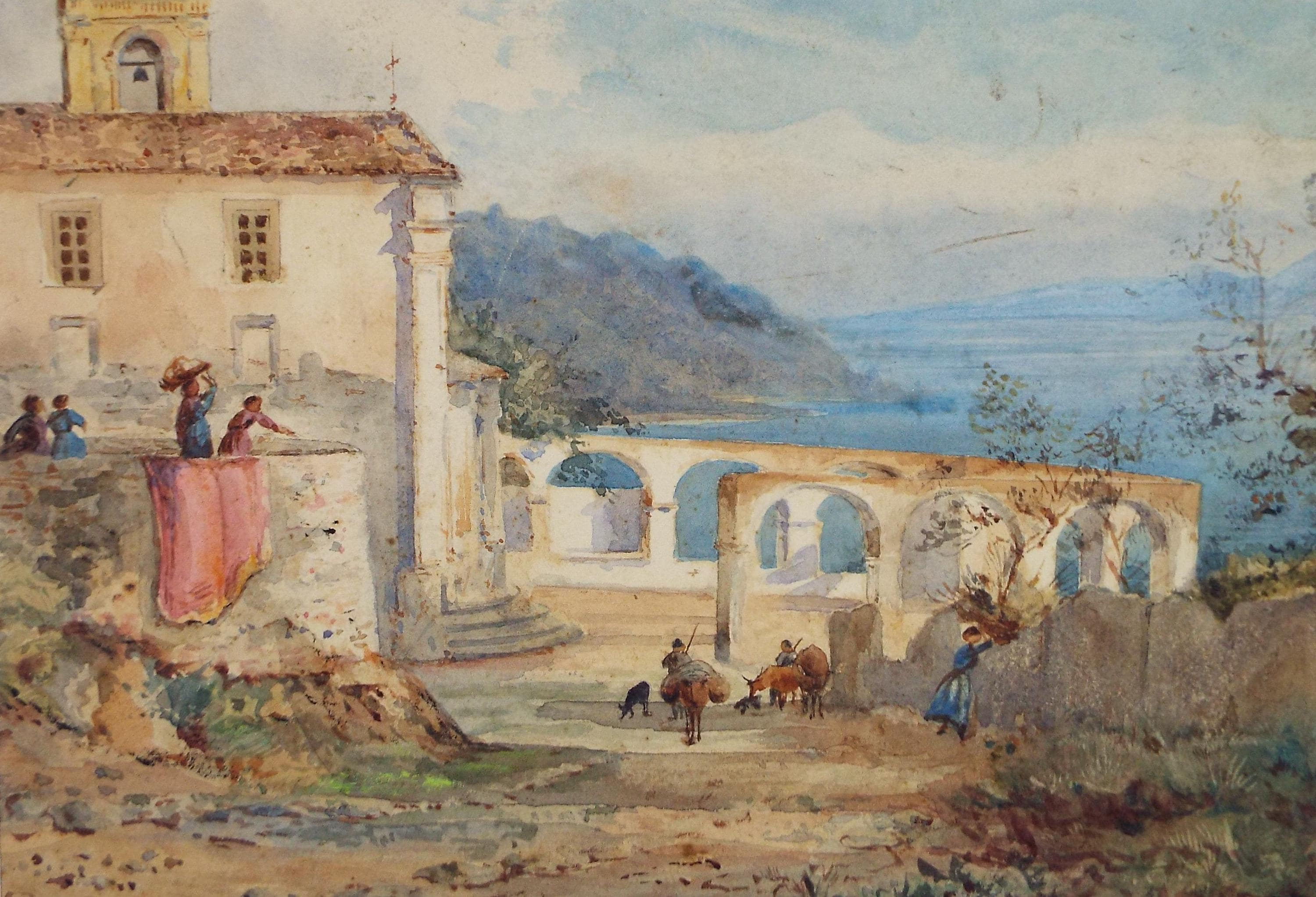 Original Watercolour, 'Coastal villa with figures', Late 19th Century, Unknown Artist