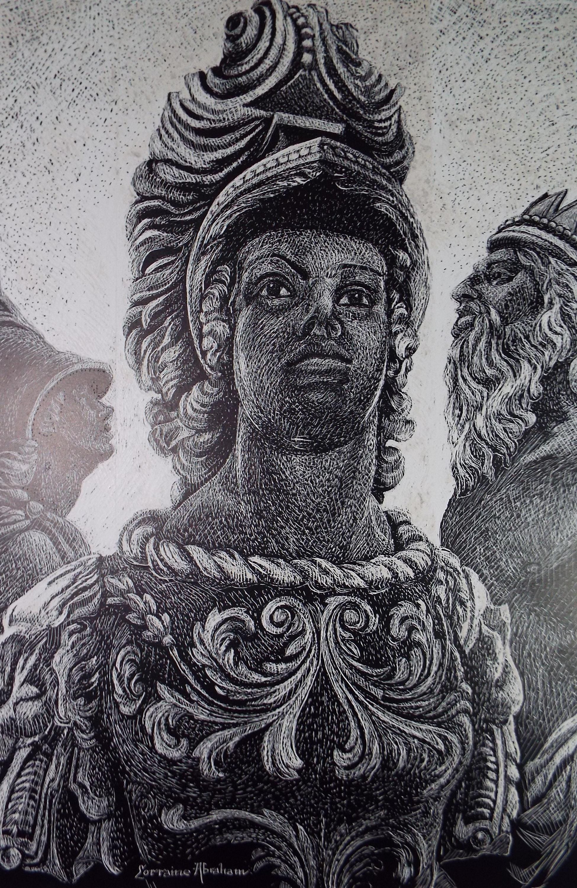 Original Scraperboard drawing, 'Classical warrior', Lorraine Abraham RSMA (1941-2023), Circa 1990's