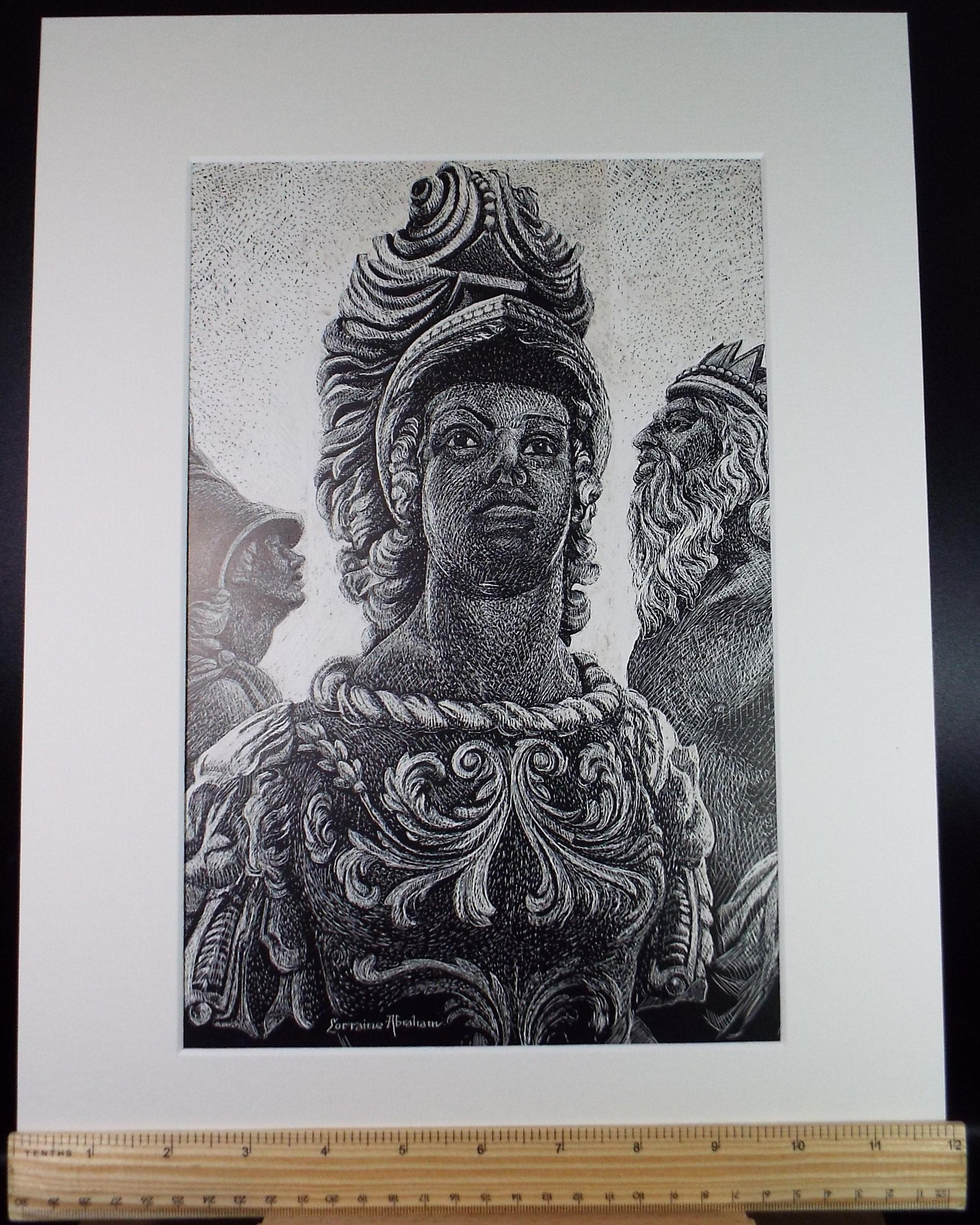 Original Scraperboard drawing, 'Classical warrior', Lorraine Abraham RSMA (1941-2023), Circa 1990's