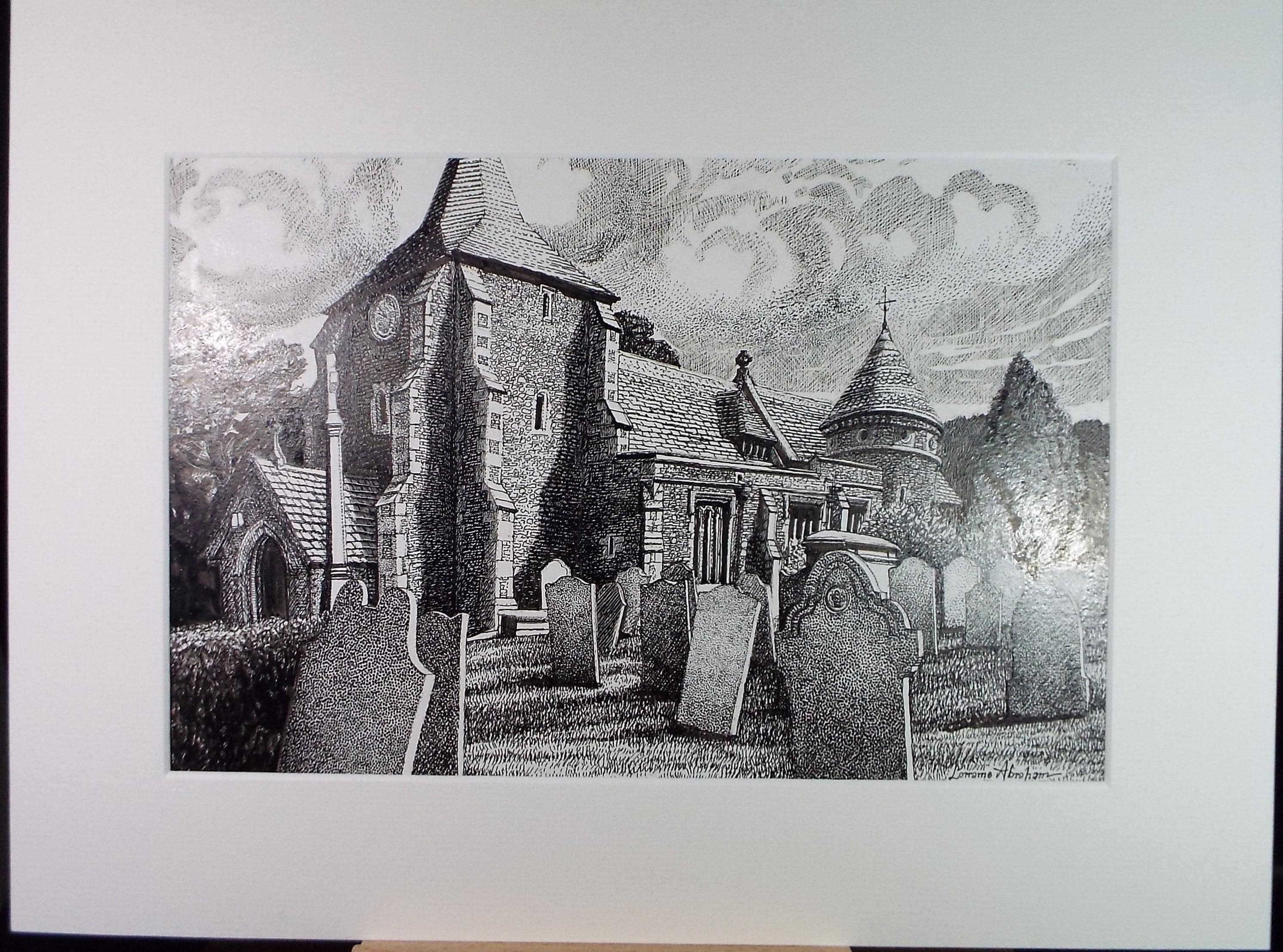 Original Scraperboard drawing, 'Church and Churchyard', Lorraine Abraham RSMA (1941-2023), Circa 1990's
