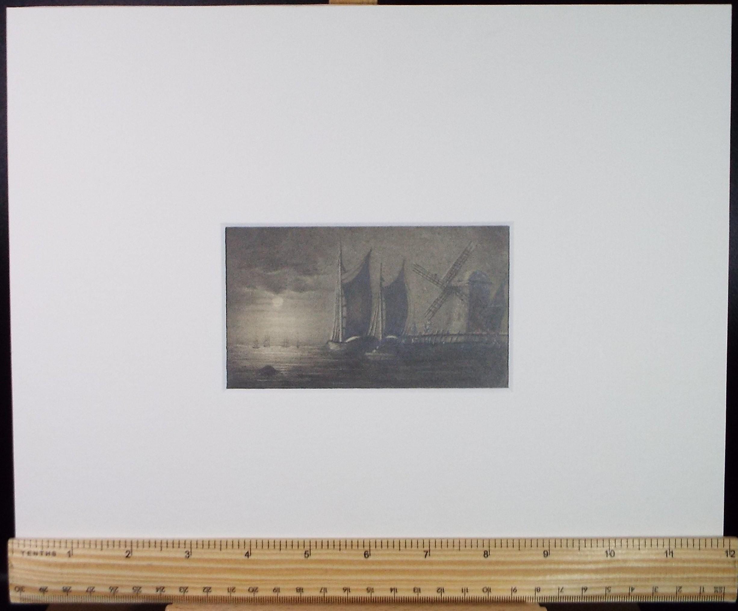 Original Pencil Sketch: 'Sailing Barges in Moonlight, Late 19th Century