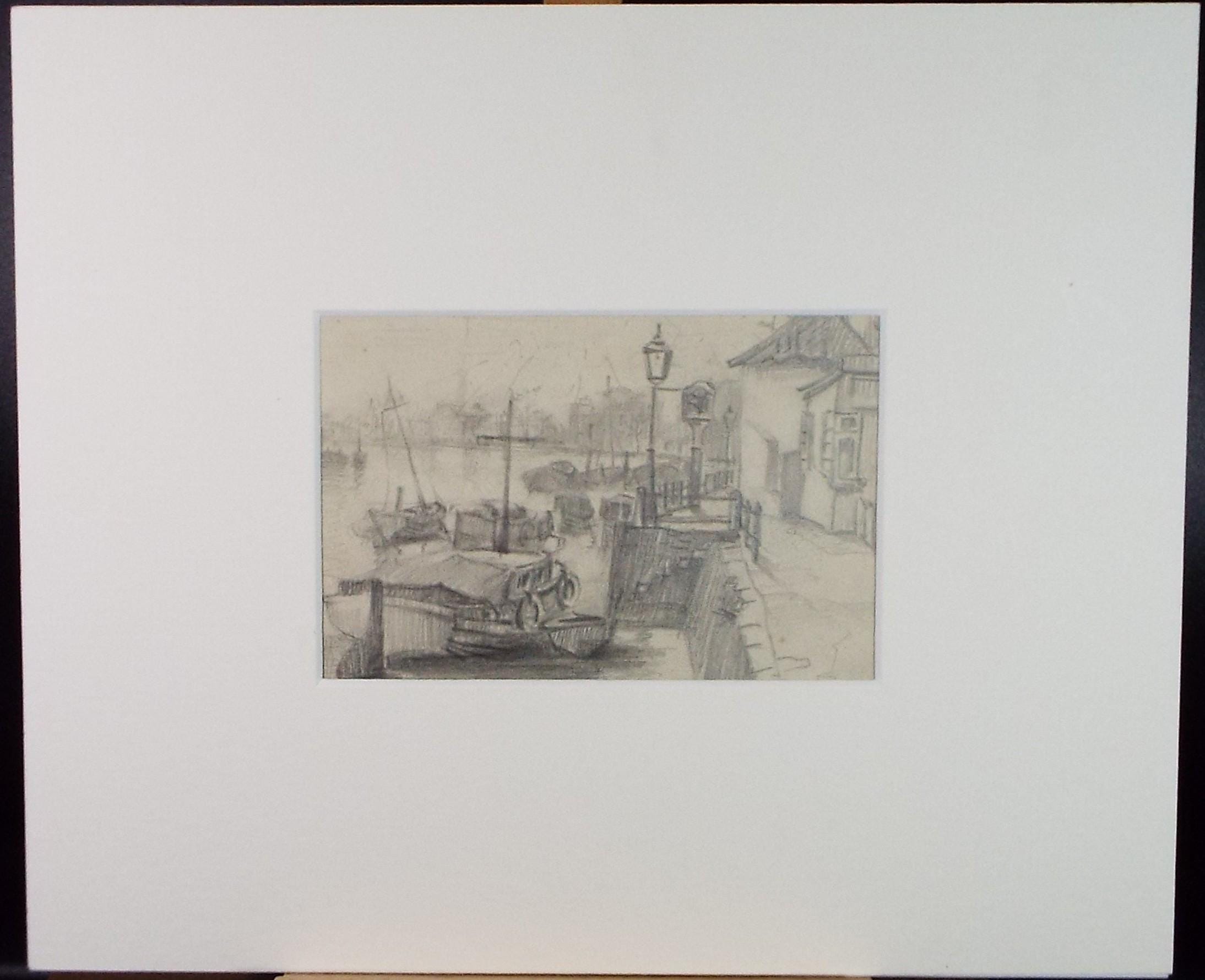 Original Pencil drawing, 'Quayside with Boats', Circa 1950's