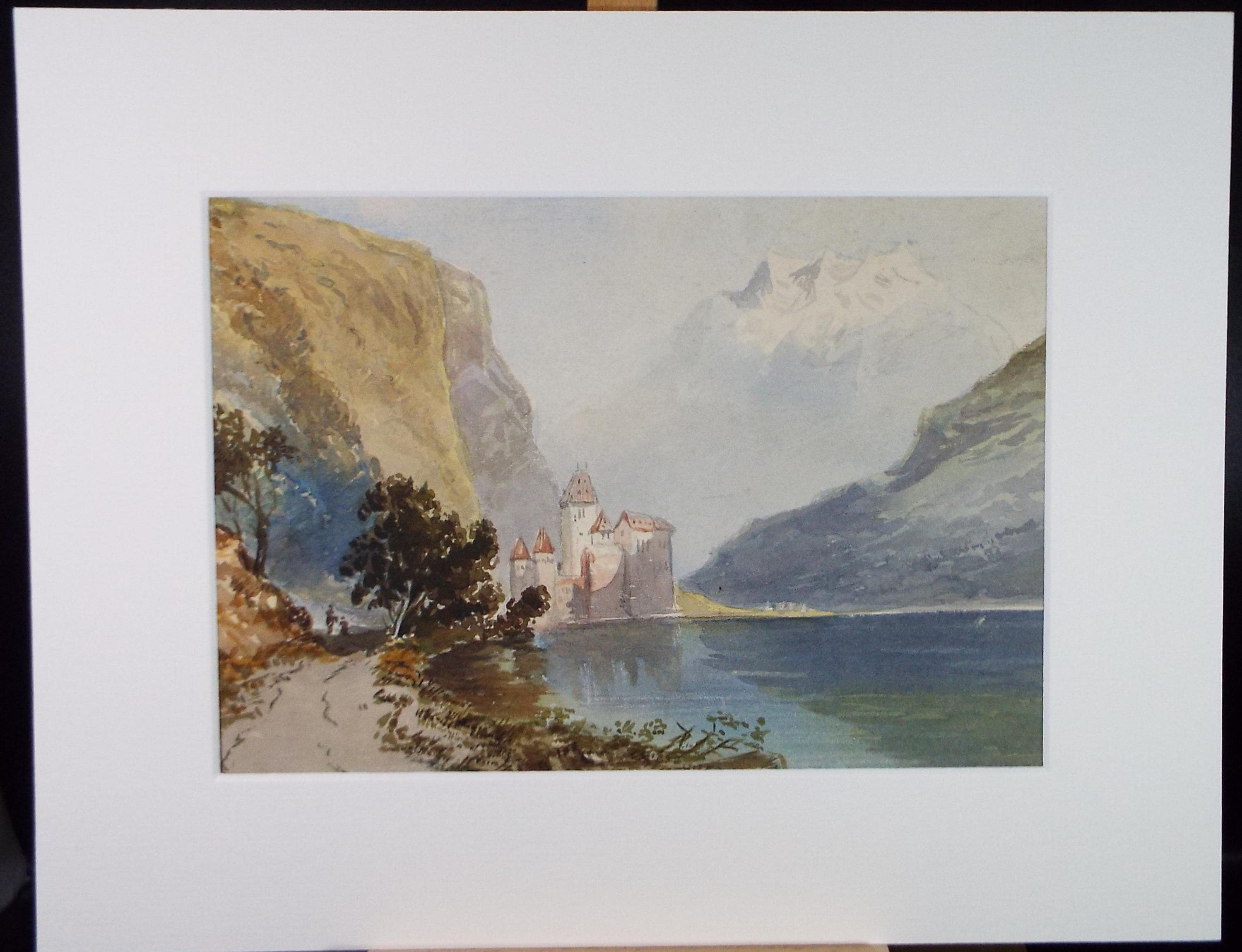 Original Watercolour, late 19th Century , 'Castle on the lake ', Artist Unknown
