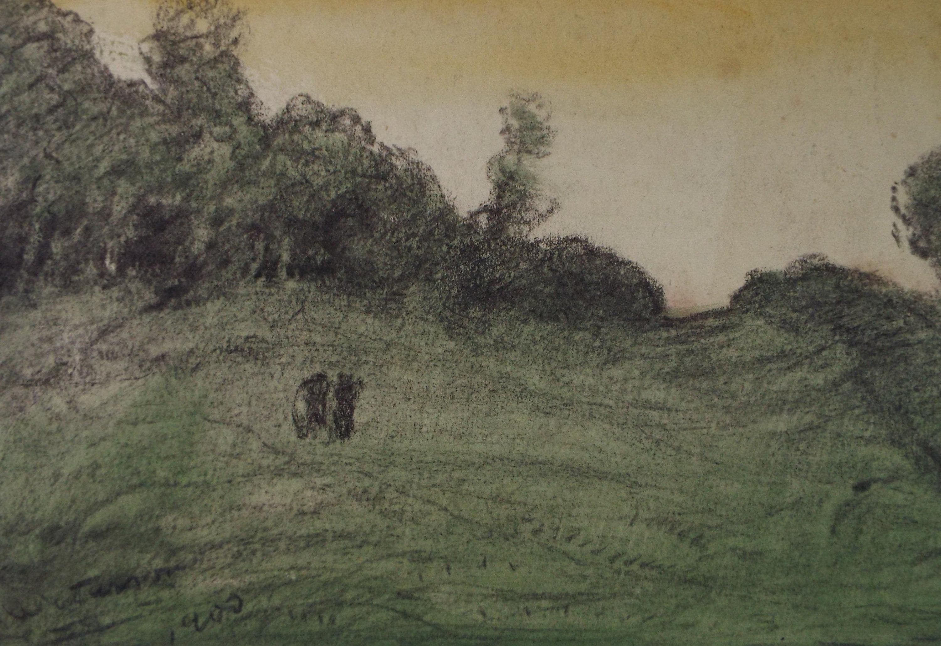 Original Pastel Drawing, 'Two Figures in a Green Landscape ', David Waterson RE FSA (1870-1954) Dated 1900