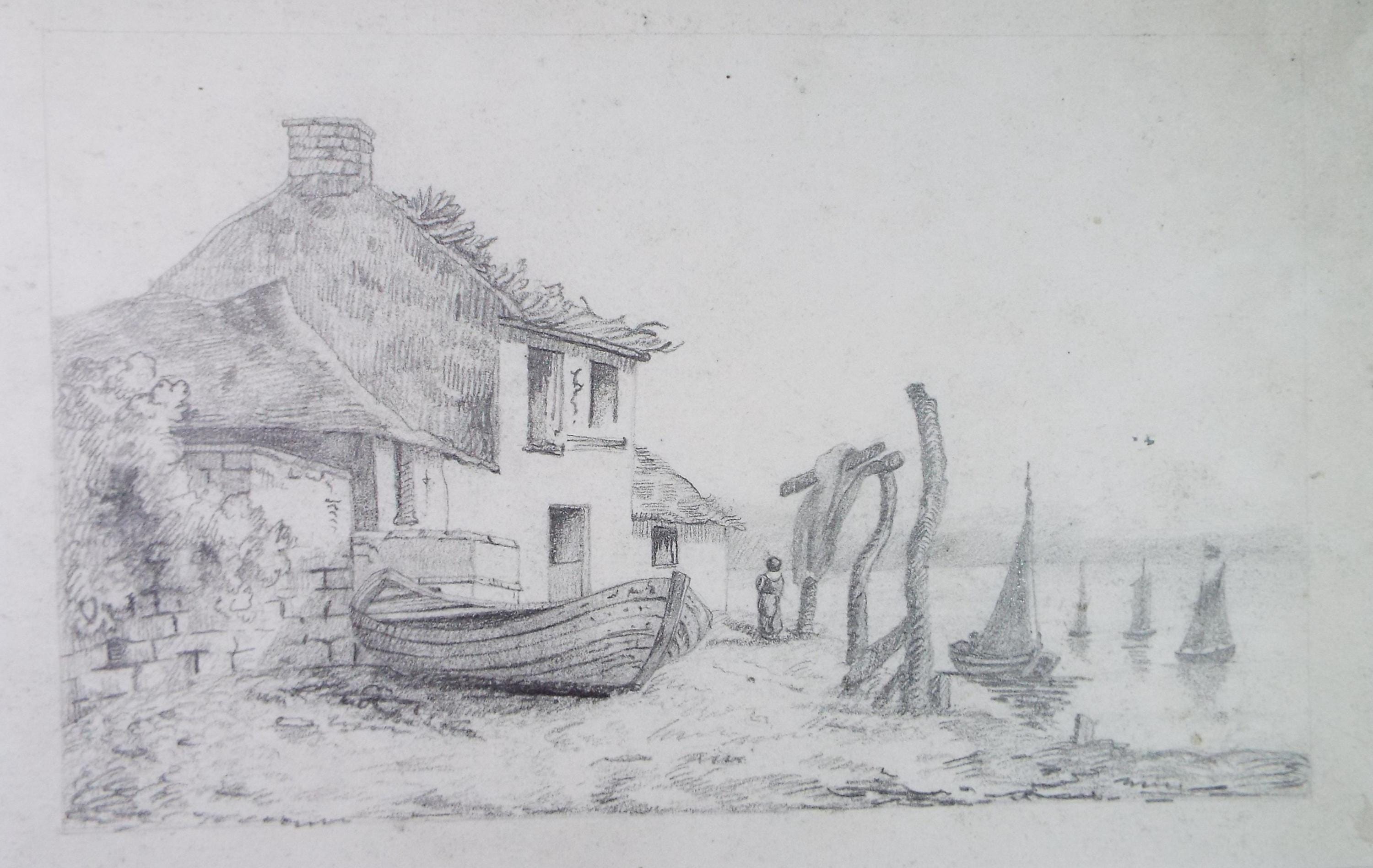 Original Pencil Drawing, 'Coastal Cottage with figure and boats', late 19th Century, Artist Unknown