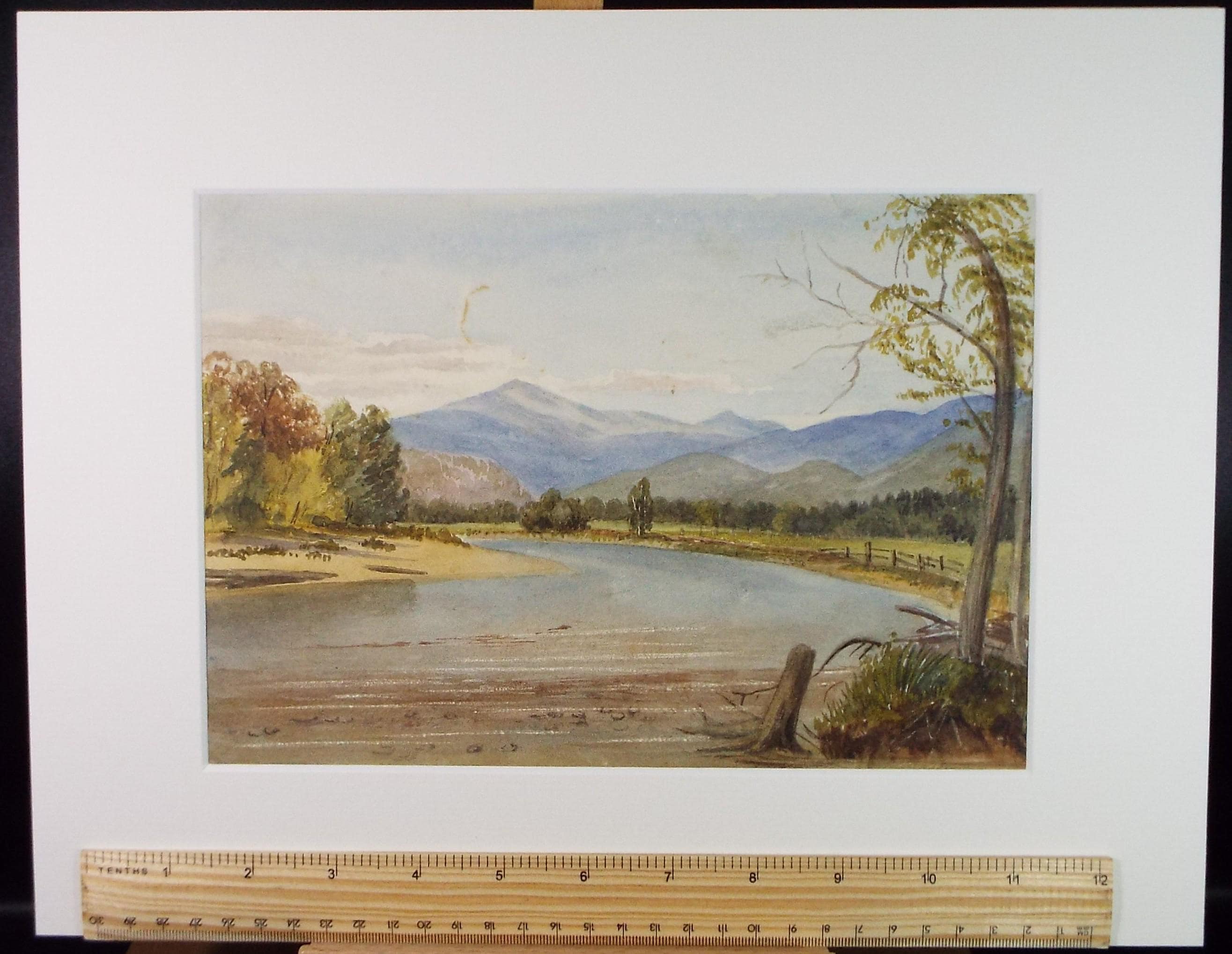 Original Watercolour, 'River landscape with distant hills', Late 19th Century