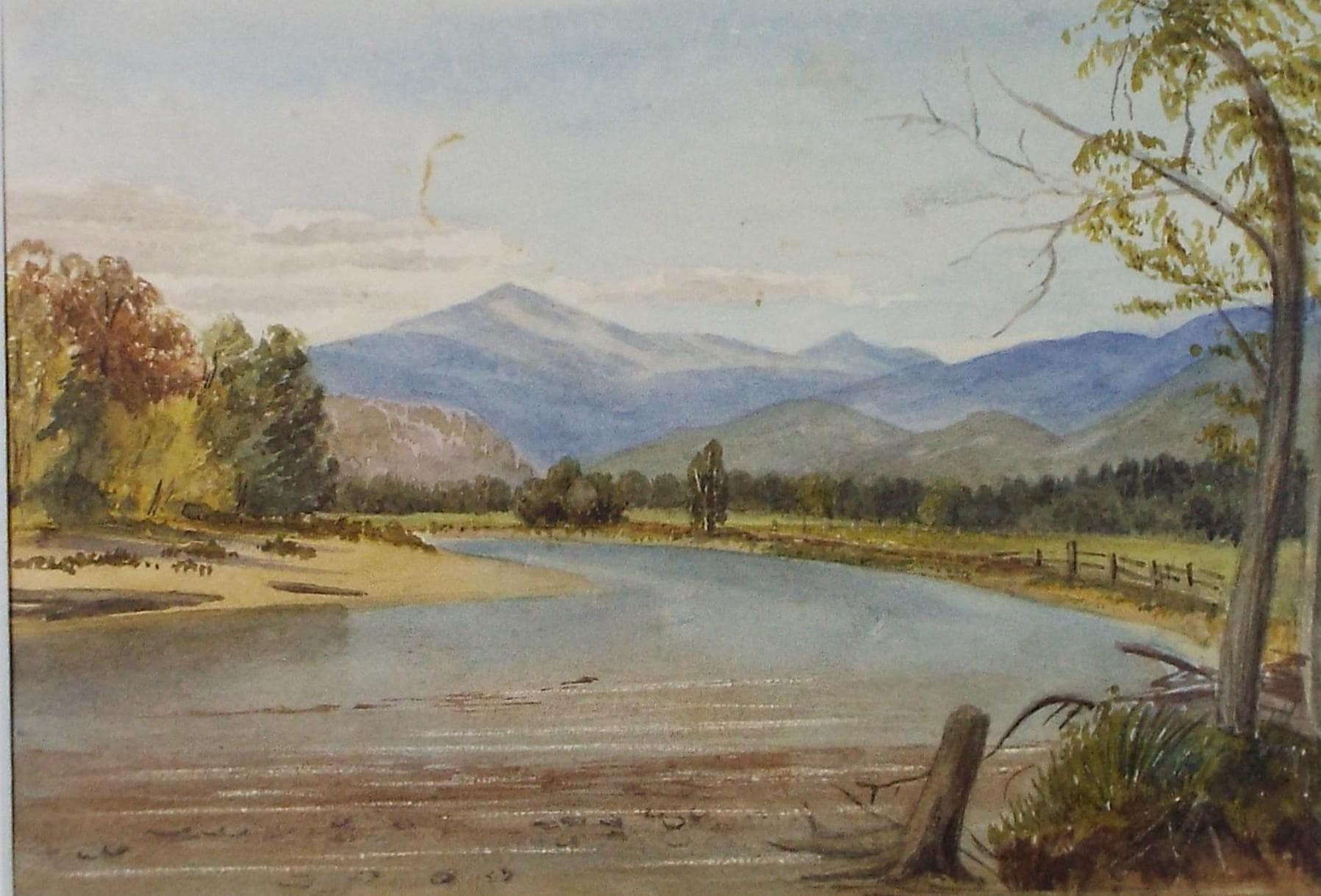 Original Watercolour, 'River landscape with distant hills', Late 19th Century
