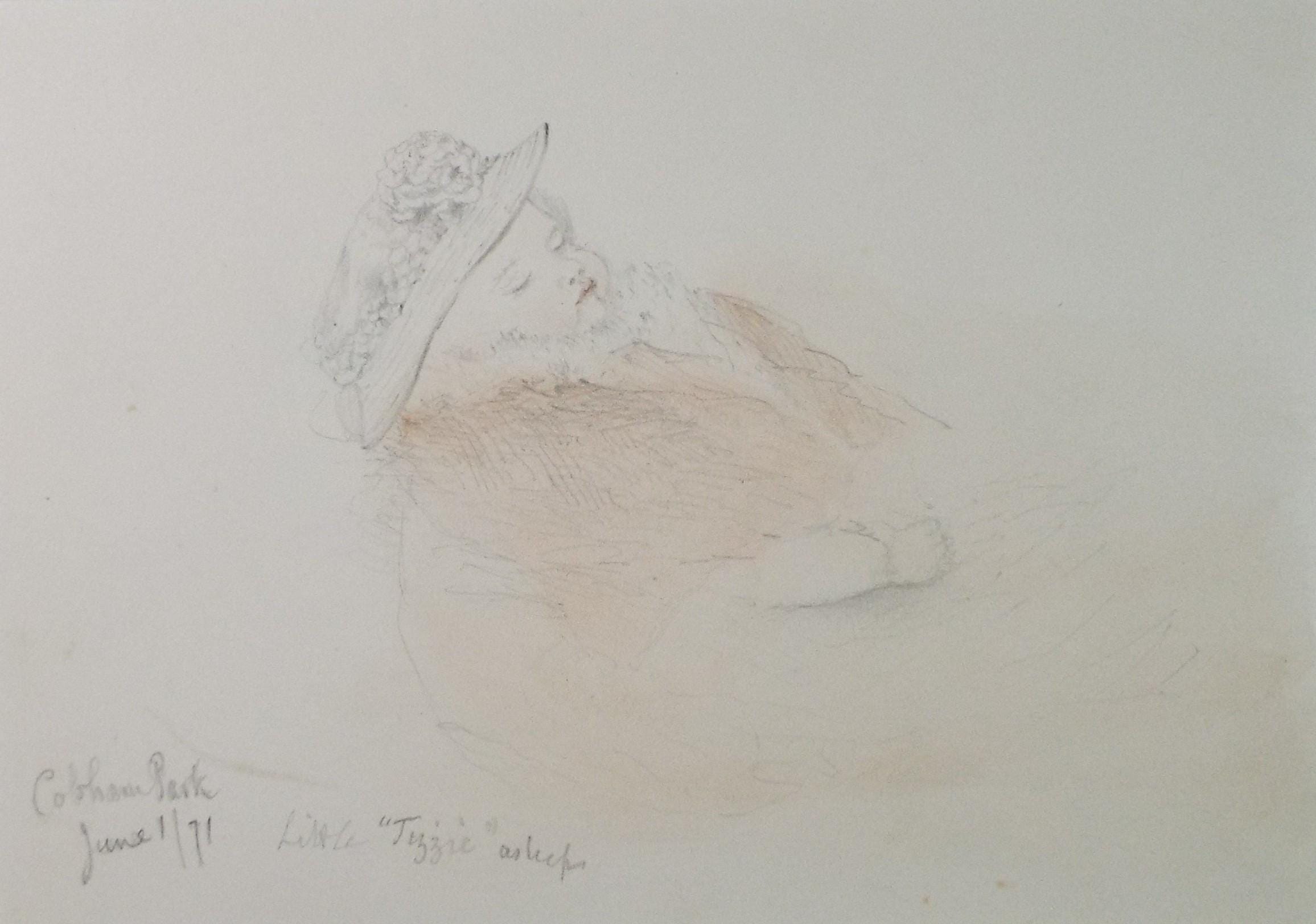 Original Pencil Drawing 'Little 'Tizzie' asleep, Dated 1870, William Brenchley Rye (1818-1901)