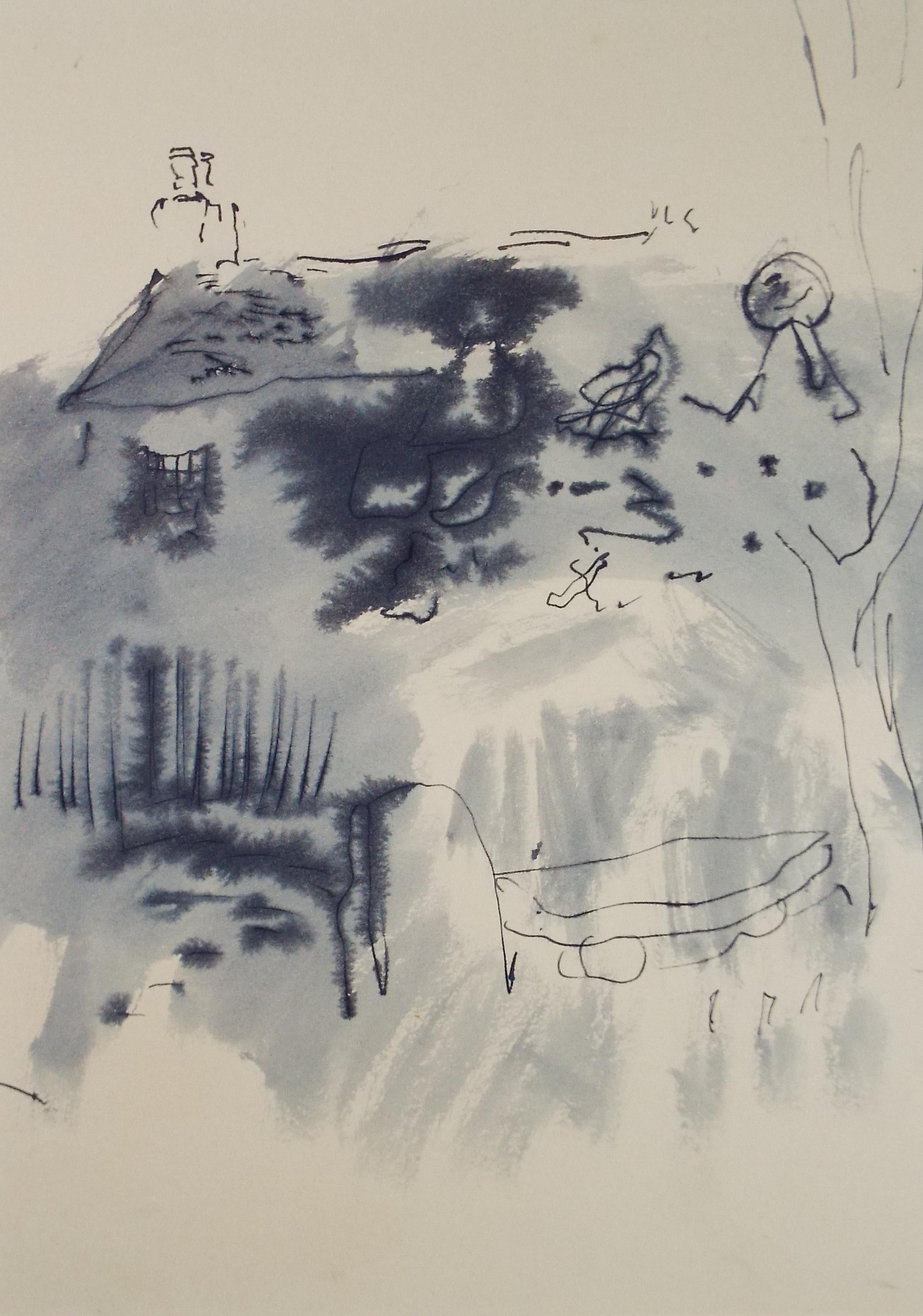 Original Watercolour with ink, 'Cottage with figure ' c1950's - William D Clyne (1922-1981)