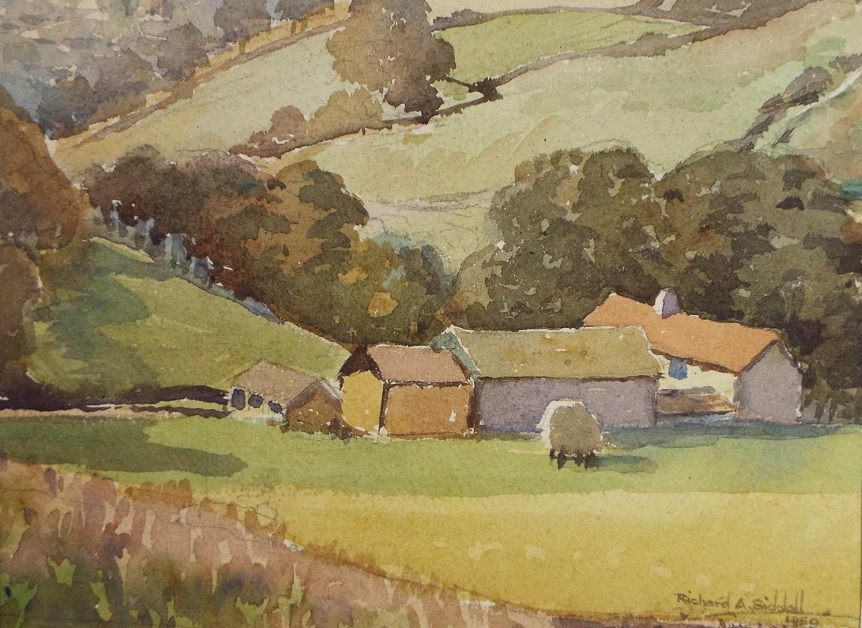 Original watercolour drawing, 'Farm Buildings in a Landscape', dated 1959, Richard A Siddall