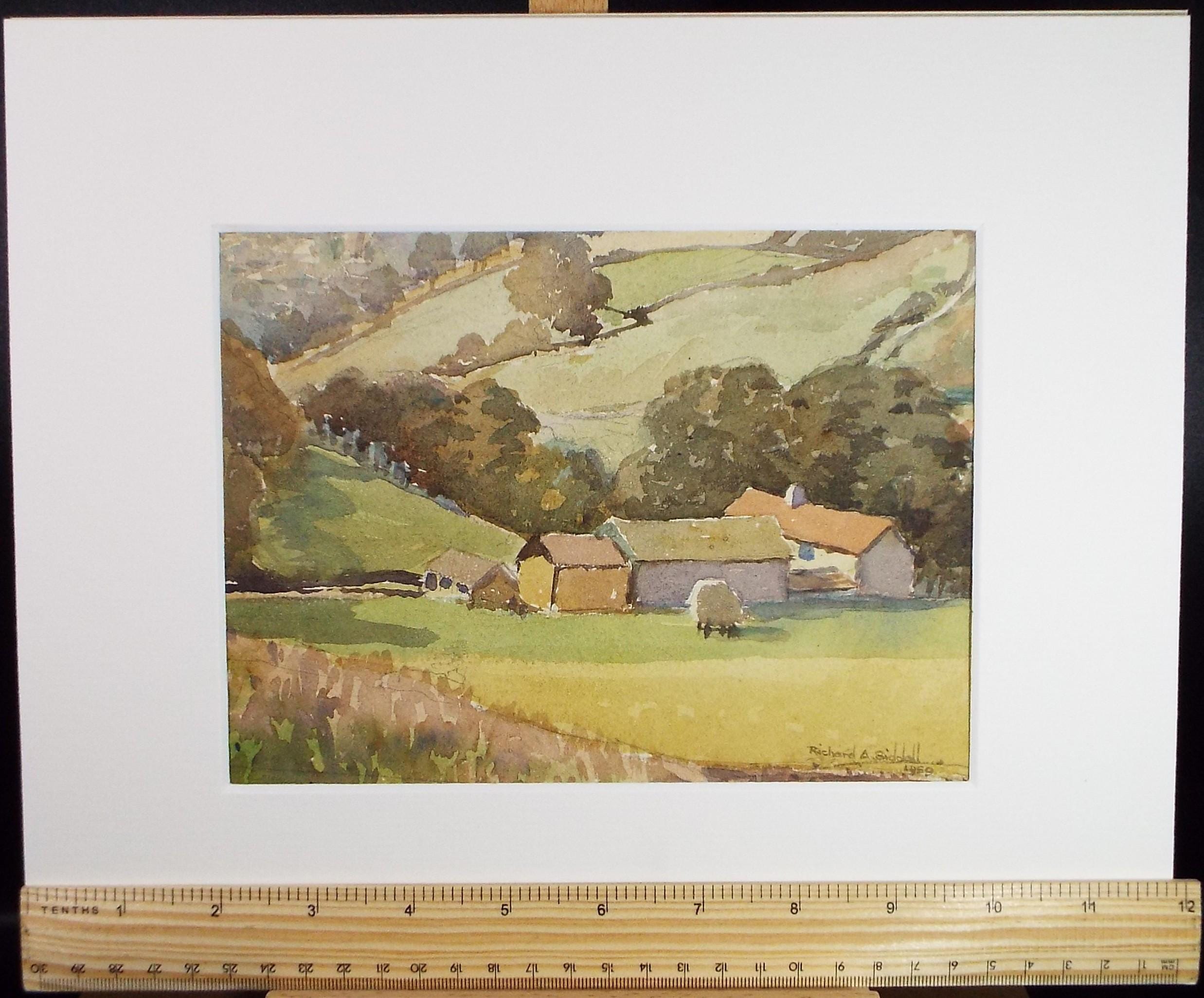 Original watercolour drawing, 'Farm Buildings in a Landscape', dated 1959, Richard A Siddall