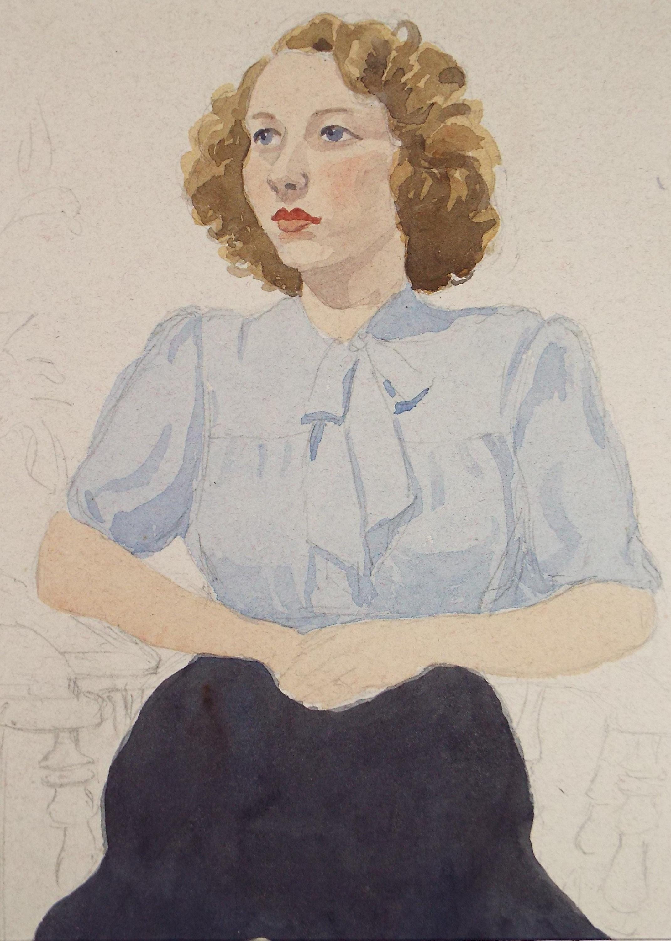 Original Watercolour, 'Portrait of a Seated Woman', 1940s, Richard A. Siddal
